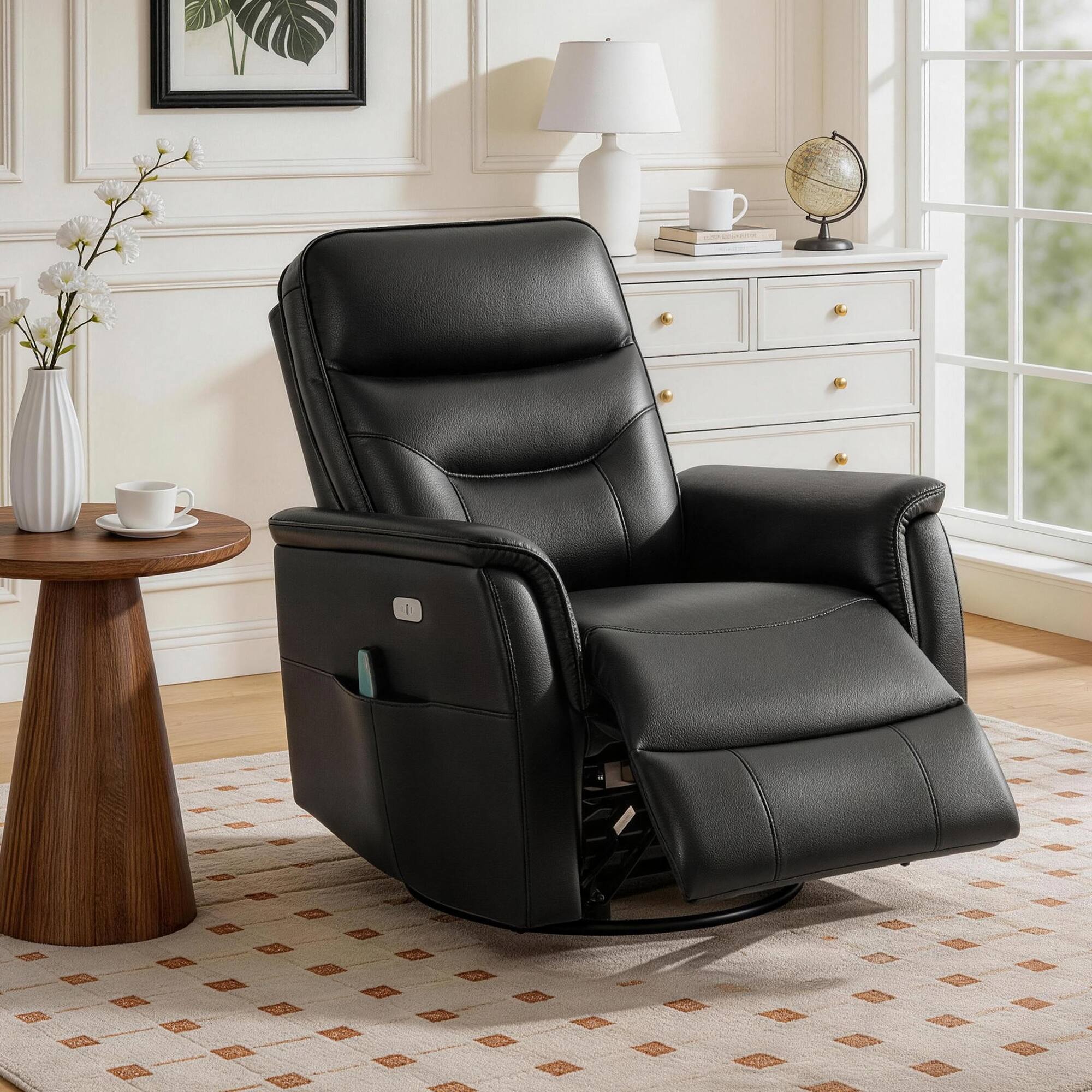Alt View 5. KERDOM - Swivel Powered Recliner Armchair with Heat and Massage, USB Charge Port, Side Pockets, PU Leather Glider Rocking Chair - Black.