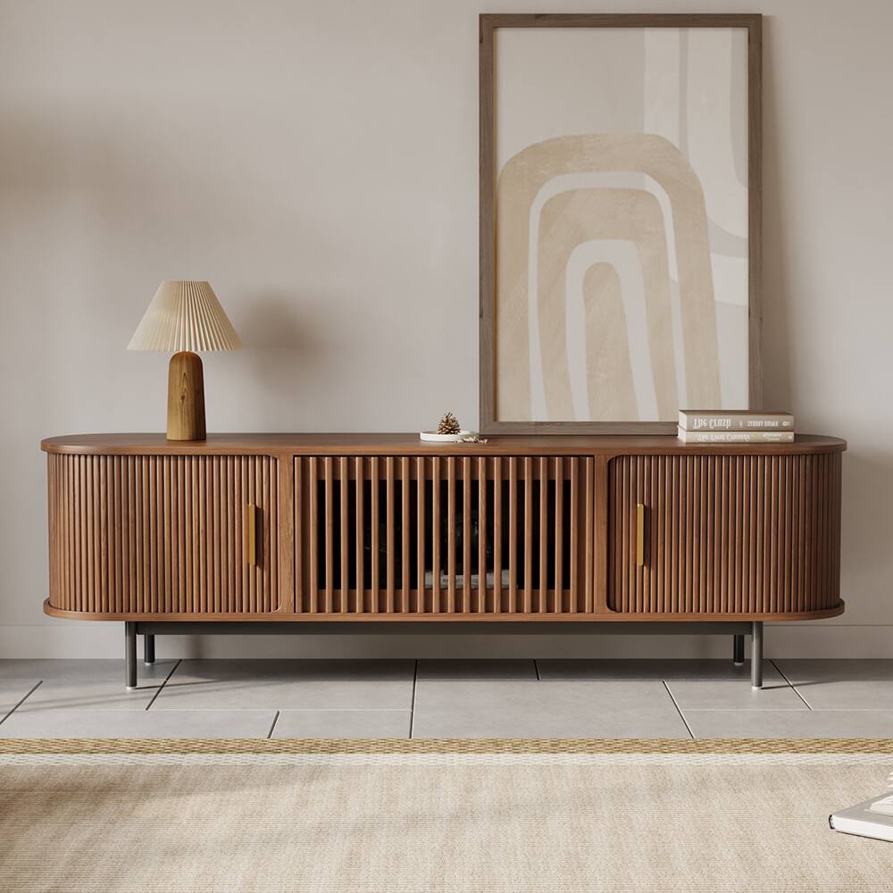 Angle. POVISON - 71"Mid-Century Modern Tambour Door TV Stand - Walnut.