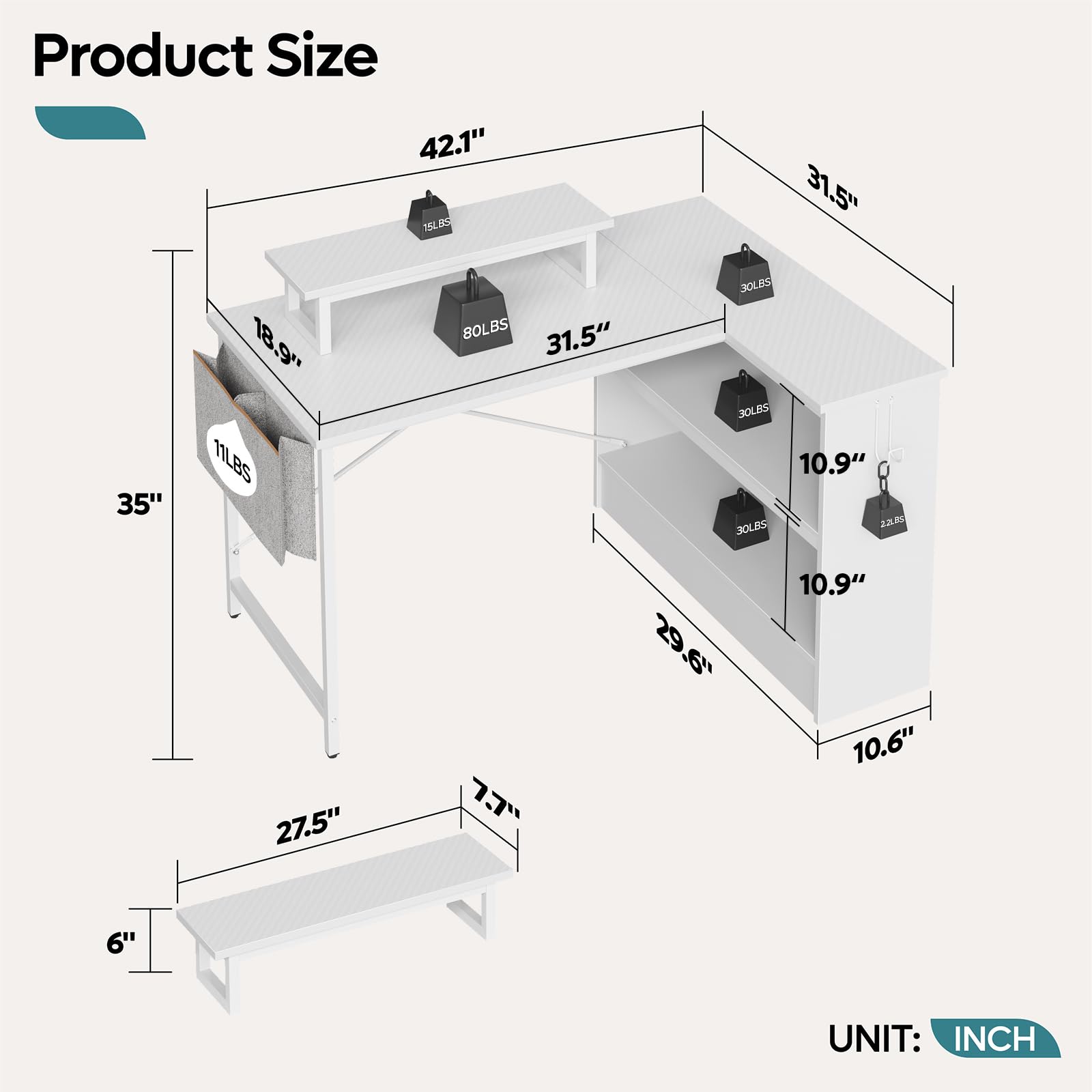 Product Size

- 42.1" (Width)
- 31.5" (Depth)
- 35" (Height)
- 18.9" (Shelf Height)
- 31.5" (Shelf Depth)
- 10.9" (Shelf Height)
- 10.9" (Shelf Height)
- 27.5" (Shelf Width)
- 29.6" (Shelf Depth)
- 10.6" (Shelf Depth)
- 6" (Shelf Height)

UNIT: INCH