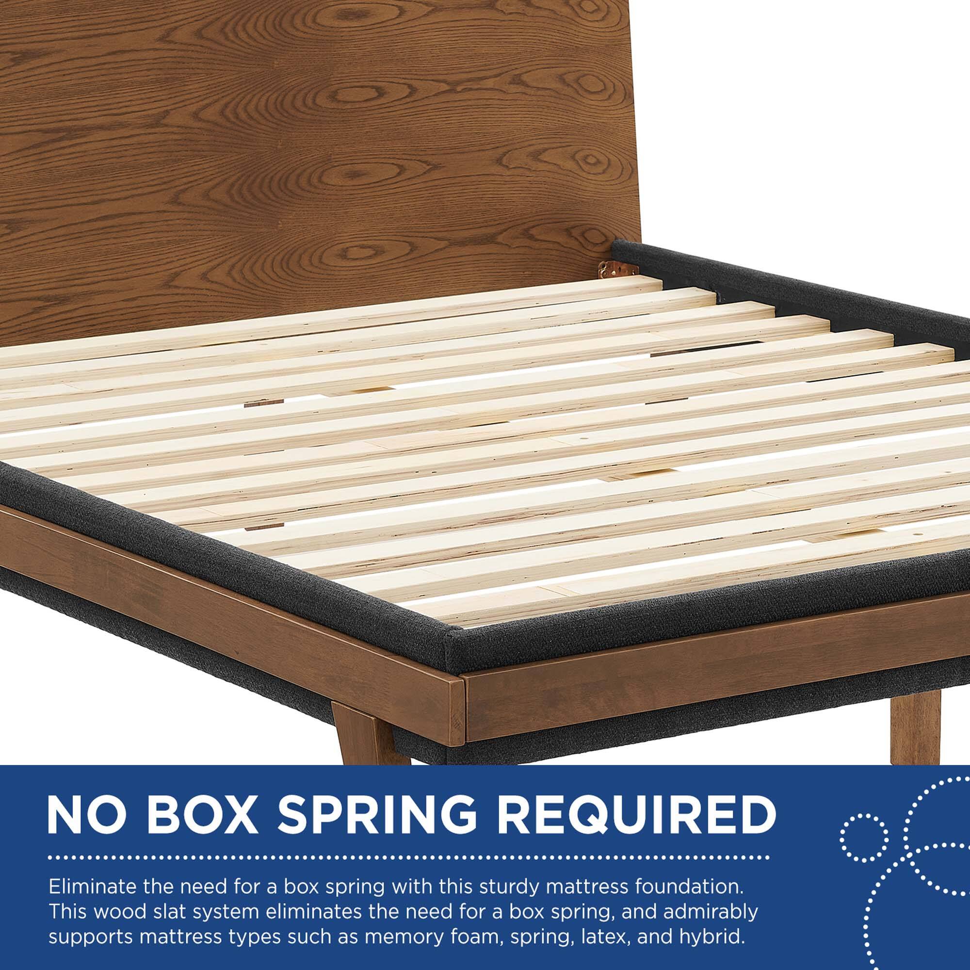 NO BOX SPRING REQUIRED

Eliminate the need for a box spring with this sturdy mattress foundation. This wood slat system eliminates the need for a box spring, and admirably supports mattress types such as memory foam, spring, latex, and hybrid.