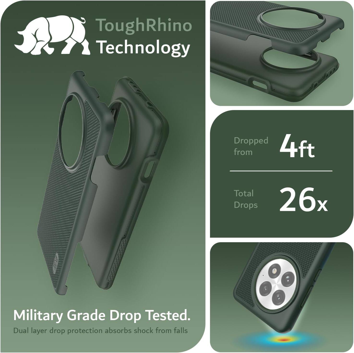 ToughRhino Technology

Dropped from 4ft  
Total Drops 26x

Military Grade Drop Tested.  
Dual layer drop protection absorbs shock from falls