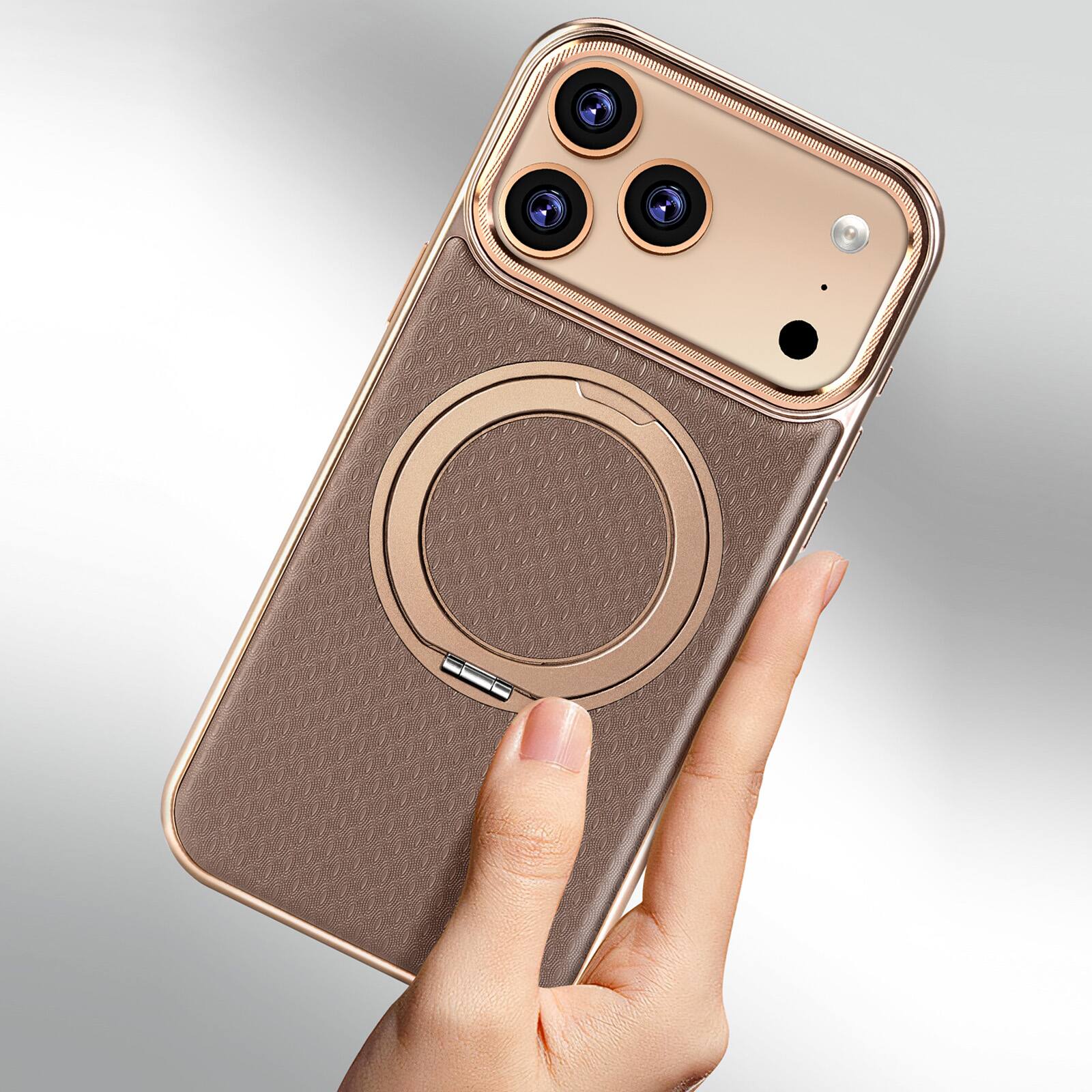 Alt View 1. Dteck - Shockproof Magnetic Case for Apple iPhone 17 Pro Max with 360 Rotating Ring Stand, Electroplated Frame Protective Cover - Orange.