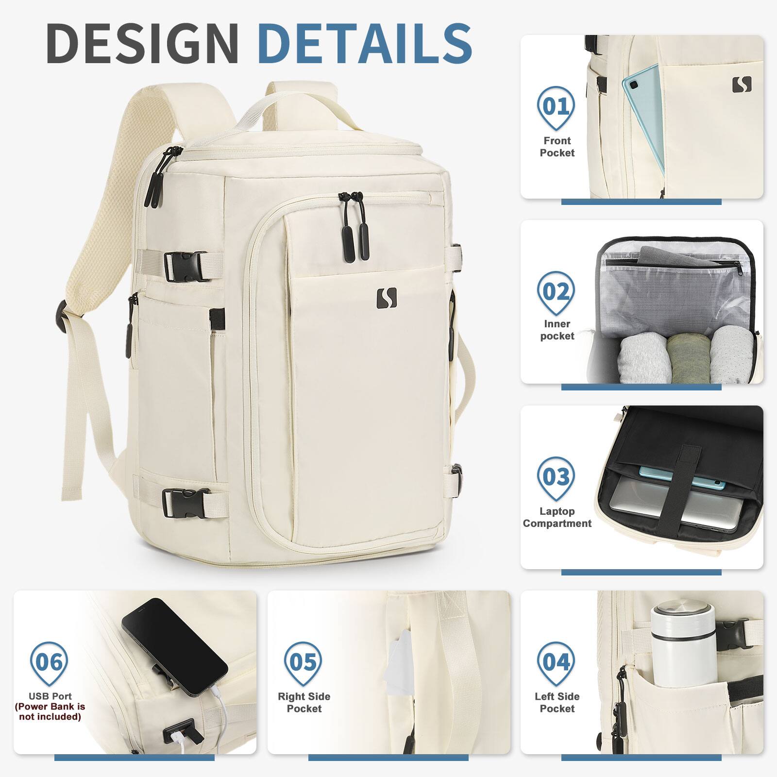 DESIGN DETAILS

01 Front Pocket  
02 Inner Pocket  
03 Laptop Compartment  
04 Left Side Pocket  
05 Right Side Pocket  
06 USB Port (Power Bank is not included)