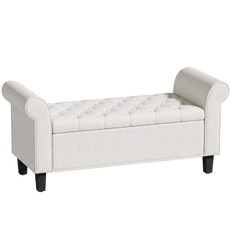 PULUZ - 47 inch Storage Ottoman Bench, Tufted End of Bed Bench with Rolled Arms, Safety Hinge, Wood Legs for Bedroom - Cream White