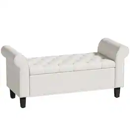 PULUZ - 47 inch Storage Ottoman Bench, Tufted End of Bed Bench with Rolled Arms, Safety Hinge, Wood Legs for Bedroom - Cream White