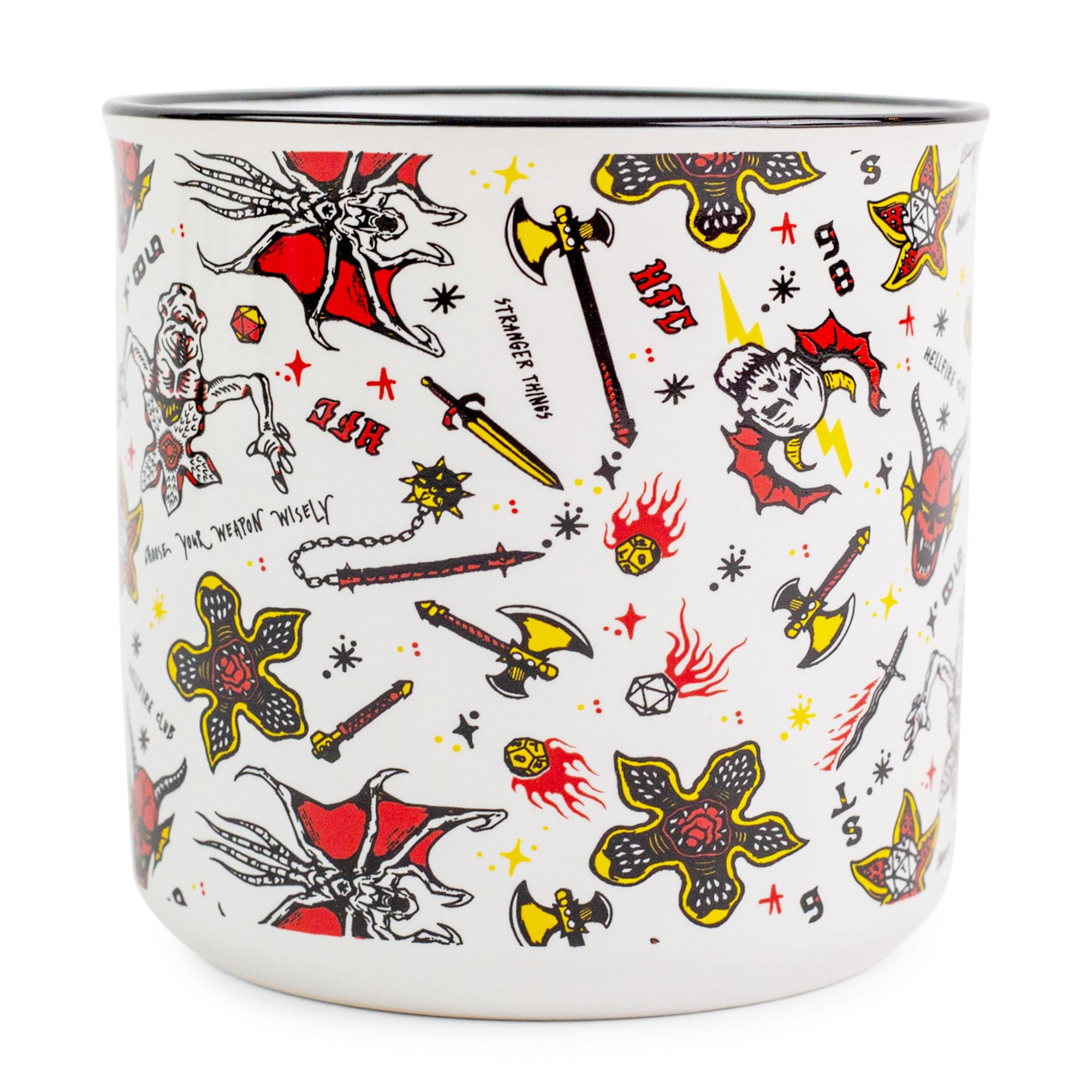 Sure, here is the corrected and grouped text from the image:

- "STRANGER THINGS"
- "MELLFIRE"
- "USE YOUR WEAPON WISELY"
- "HFC" (appears multiple times)
- "OLD" (appears multiple times)
- "S" (appears multiple times)
- "L" (appears multiple times)
- "G" (appears multiple times)
- "9" (appears multiple times)