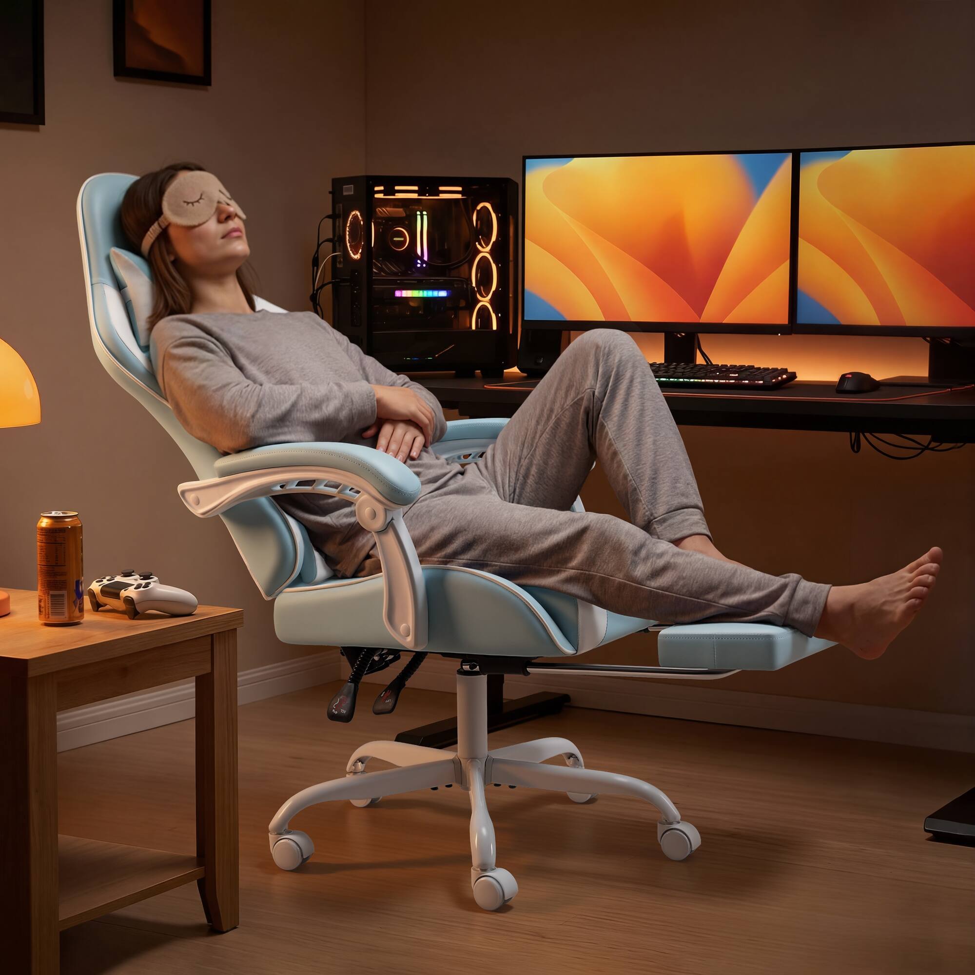 Alt View 3. Homall - Gaming Chair Massage Ergonomic Chair PU Leather Height Adjustable Racing Chair with Footrest & Lumbar Support - LIGHT BLUE.