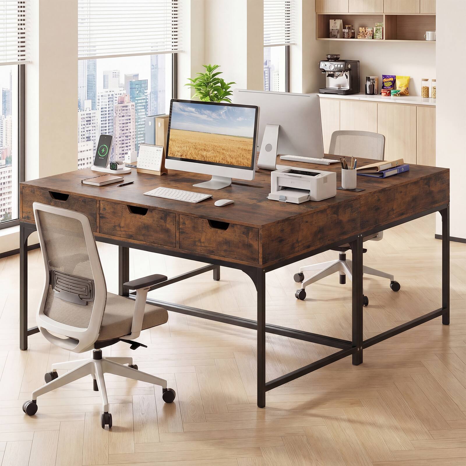 Alt View 4. Costway - Costway Office Desk with Power Outlets,43.5" Modern Writing Desk with Hidden Compartment - Rustic Brown.
