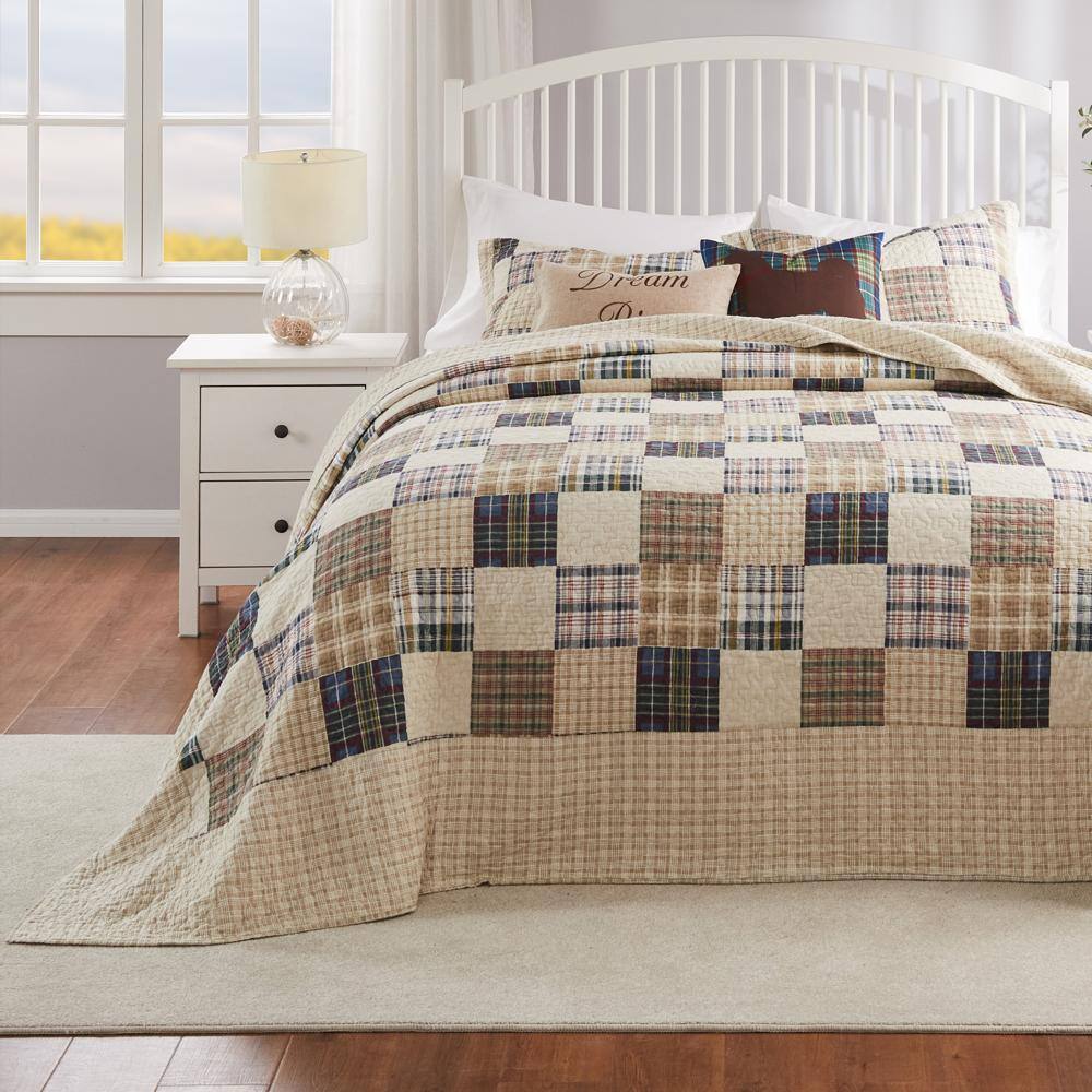 Alt View 2. Greenland Home Fashions - Greenland Home Fashions Oxford Plaid 100% Cotton Jumbo-Sized for Floor-Length Coverage Bedspread Set King/Cal King Taupe - Taupe.