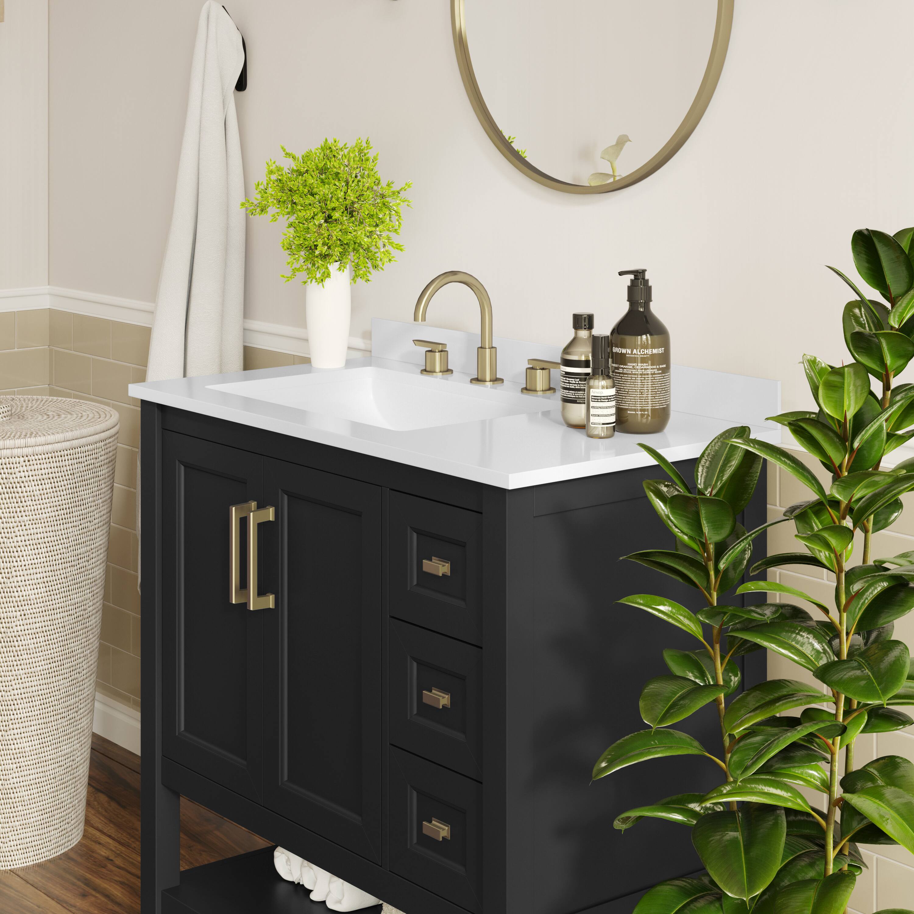 Alt View 3. Flash Furniture - Vega 42" Bathroom Vanity with Sink, Cabinet with Gold Hardware, Soft Close Doors, Open Shelf & 3 Drawers, Carrara Marble - Black.
