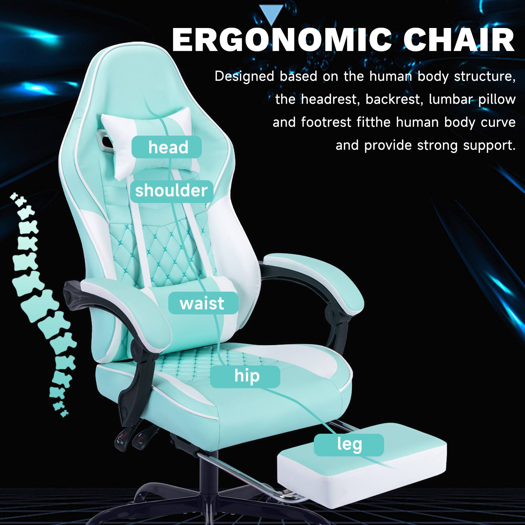 ERGONOMIC CHAIR

Designed based on the human body structure, the headrest, backrest, lumbar pillow and footrest fit the human body curve and provide strong support.

- head
- shoulder
- waist
- hip
- leg