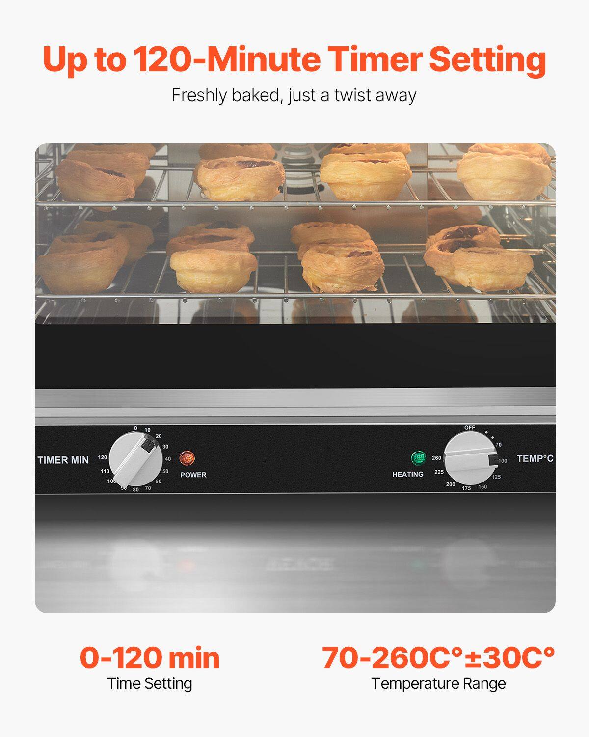 Up to 120-Minute Timer Setting  
Freshly baked, just a twist away  

TIMER MIN  
120 110 100 4  
DO 10 70 20 30 40 56  
POWER  
No 260  
HEATING 225 200 OFF 175 130  
TO 100  
TEMP°C  
3S  
0-120 min Time Setting  
70-260C±30C Temperature Range