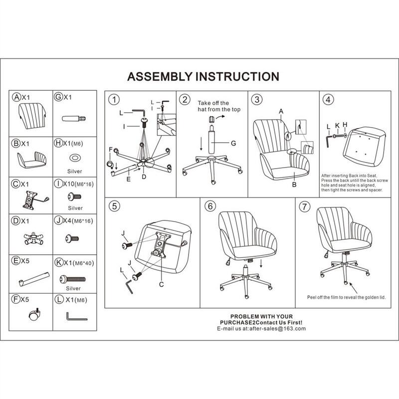 ASSEMBLY INSTRUCTION

A X1  
G X1  
1 L L I 1 2  
Take off the hat from the top  
3 A  
4 L K H B X1 H X1(M6) F G C X1 I Silver 10(M6*16)  
After inserting Back into Seat, press the back until the back screw hole and seat hole are aligned, then tighten the screws and spacer.  
Silver 5  
6  
7 D X1 J X4 (M6*16) J E X5 K 1(M6*40) Silver C F X5 L X 1(M6)  
Peel off the film to reveal the golden lid  

PROBLEM WITH YOUR PURCHASE? Contact Us First!  
E-mail us at: after-sales@163.com
