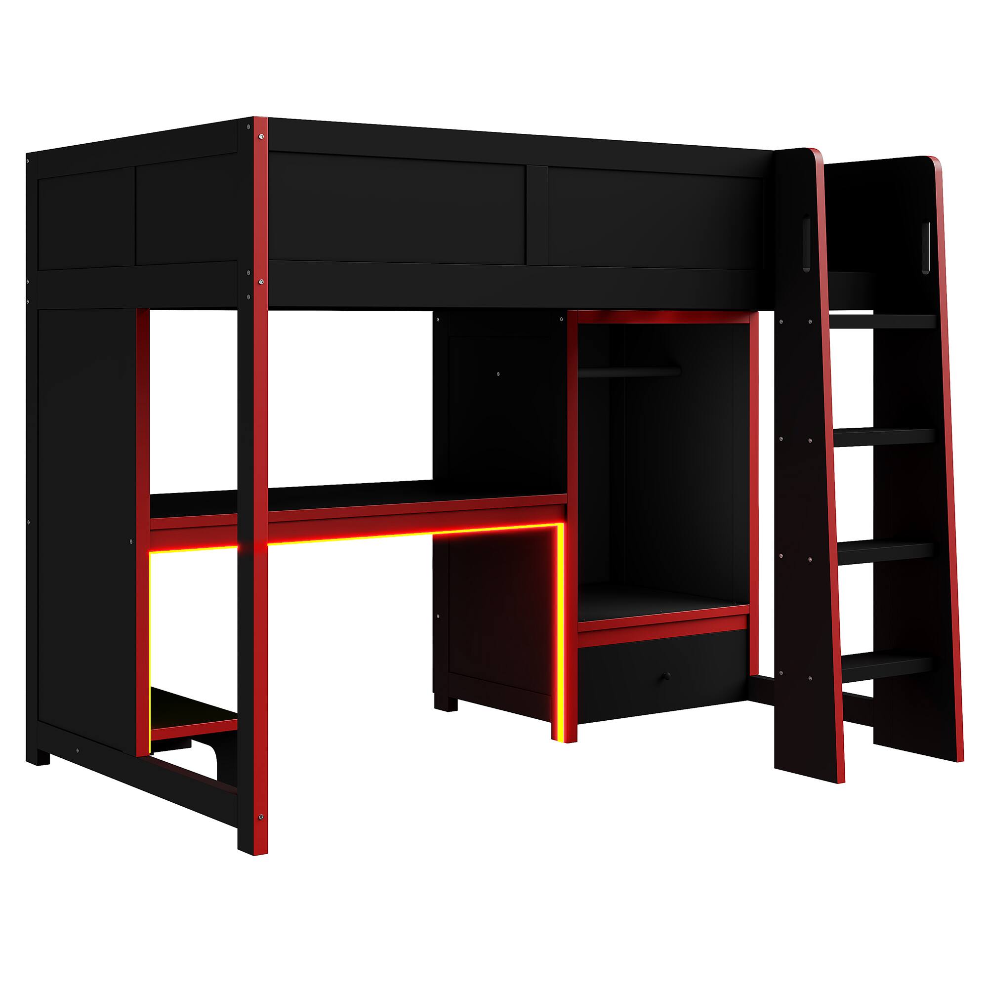 Back. Whisen - Twin Size Gaming Loft Bed with Desk, Wardrobe, Drawer & RGB LED Lights - Black.