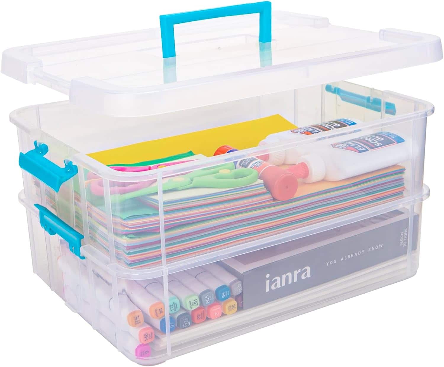 RTMB - 2-Layer Clear Plastic Storage Box with Lids, Portable Organizer, Blue