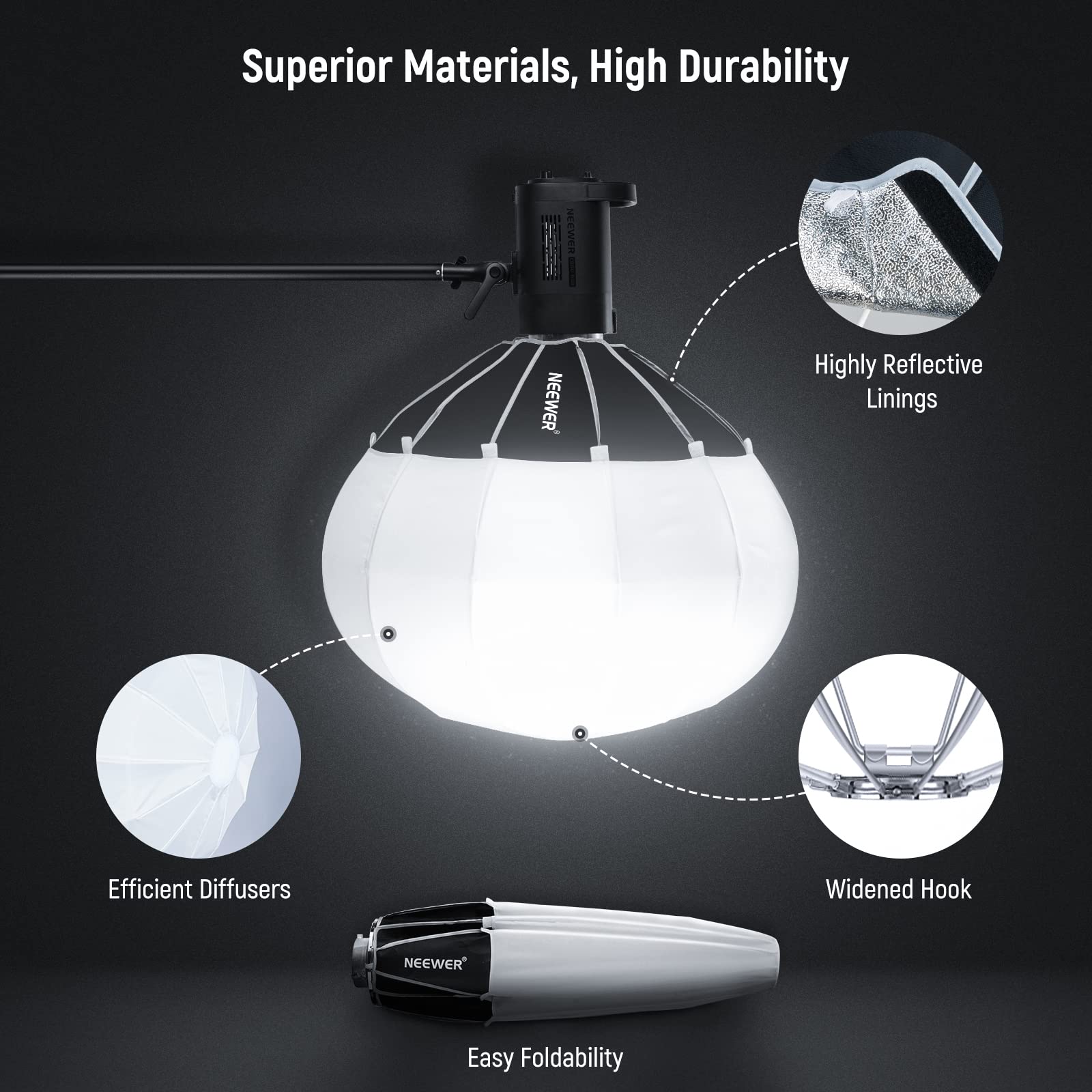 Superior Materials, High Durability

- Highly Reflective Linings
- Efficient Diffusers
- Widened Hook
- Easy Foldability