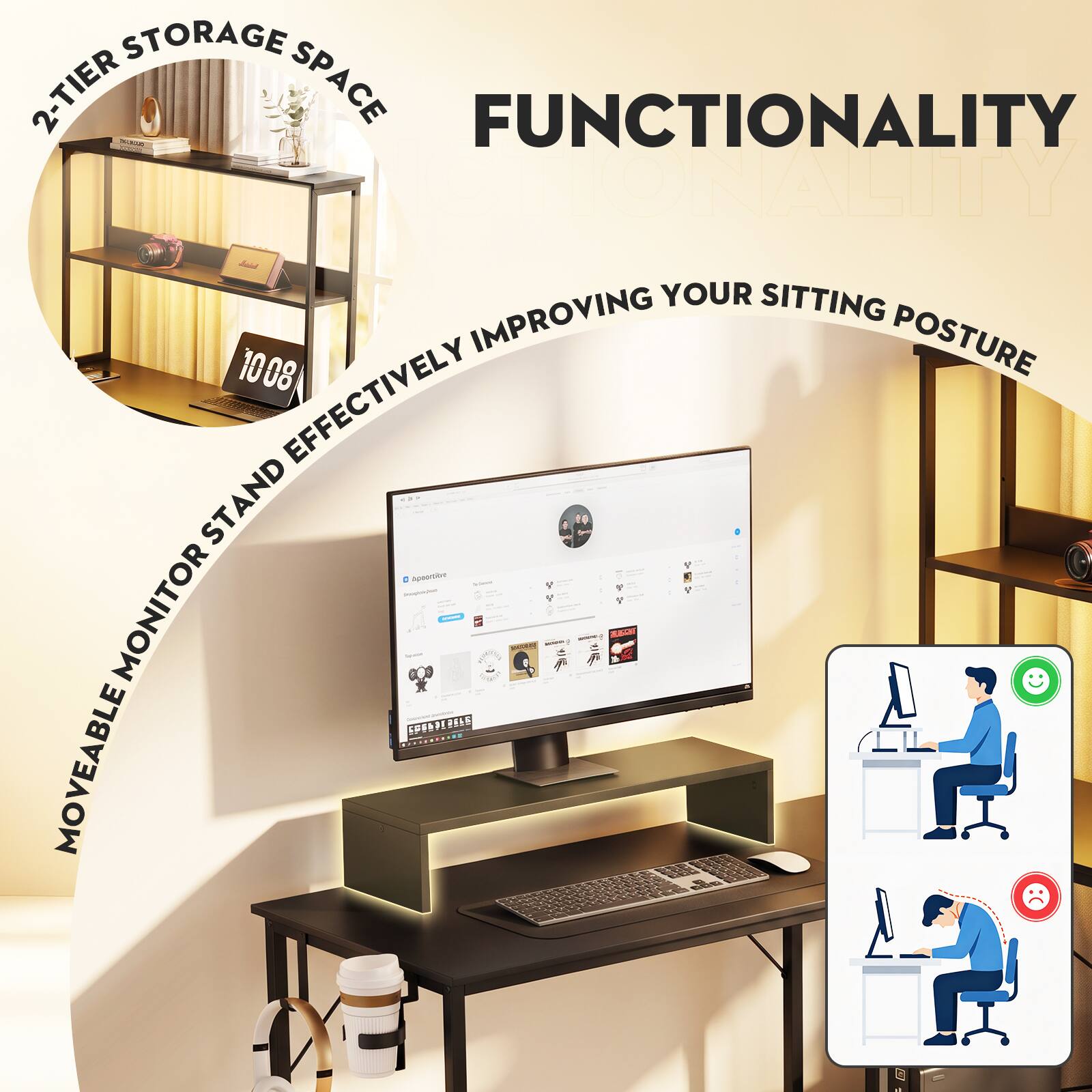2-TIER STORAGE SPACE  
FUNCTIONALITY  
MOVEABLE MONITOR STAND EFFECTIVELY IMPROVING YOUR SITTING POSTURE