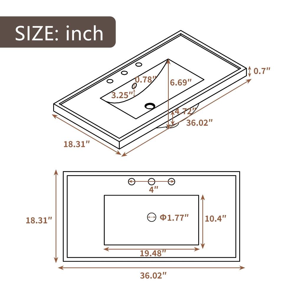 SIZE: inch  
0.78" 3.25"  
6.69"  
0.7"  
4.72" 36.02"  
18.31"  
4"  
18.31"  
1.77"  
10.4"  
19.48"  
36.02"