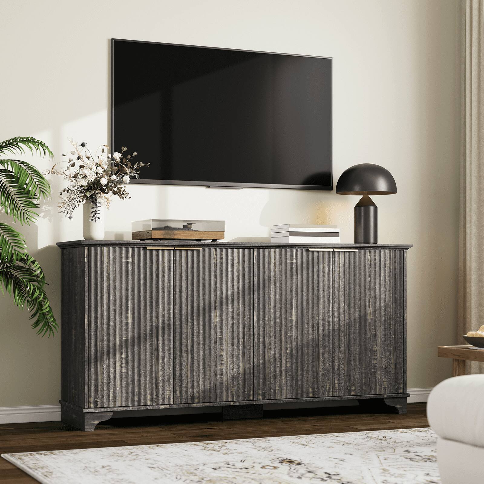 Alt View 2. GARVEE - Black 61-Inch Modern Fluted Buffet Cabinet, 4-Door Wooden Sideboard with Adjustable Shelves, Modern Storage - Black.