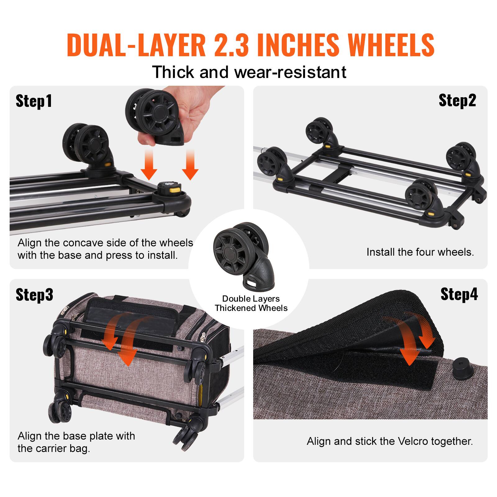 DUAL-LAYER 2.3 INCHES WHEELS  
Thick and wear-resistant  

Step1  
Align the concave side of the wheels with the base and press to install.  

Step2  
Install the four wheels.  

Step3  
Double Layers Thickened Wheels  
Align the base plate with the carrier bag.  

Step4  
Align and stick the Velcro together.