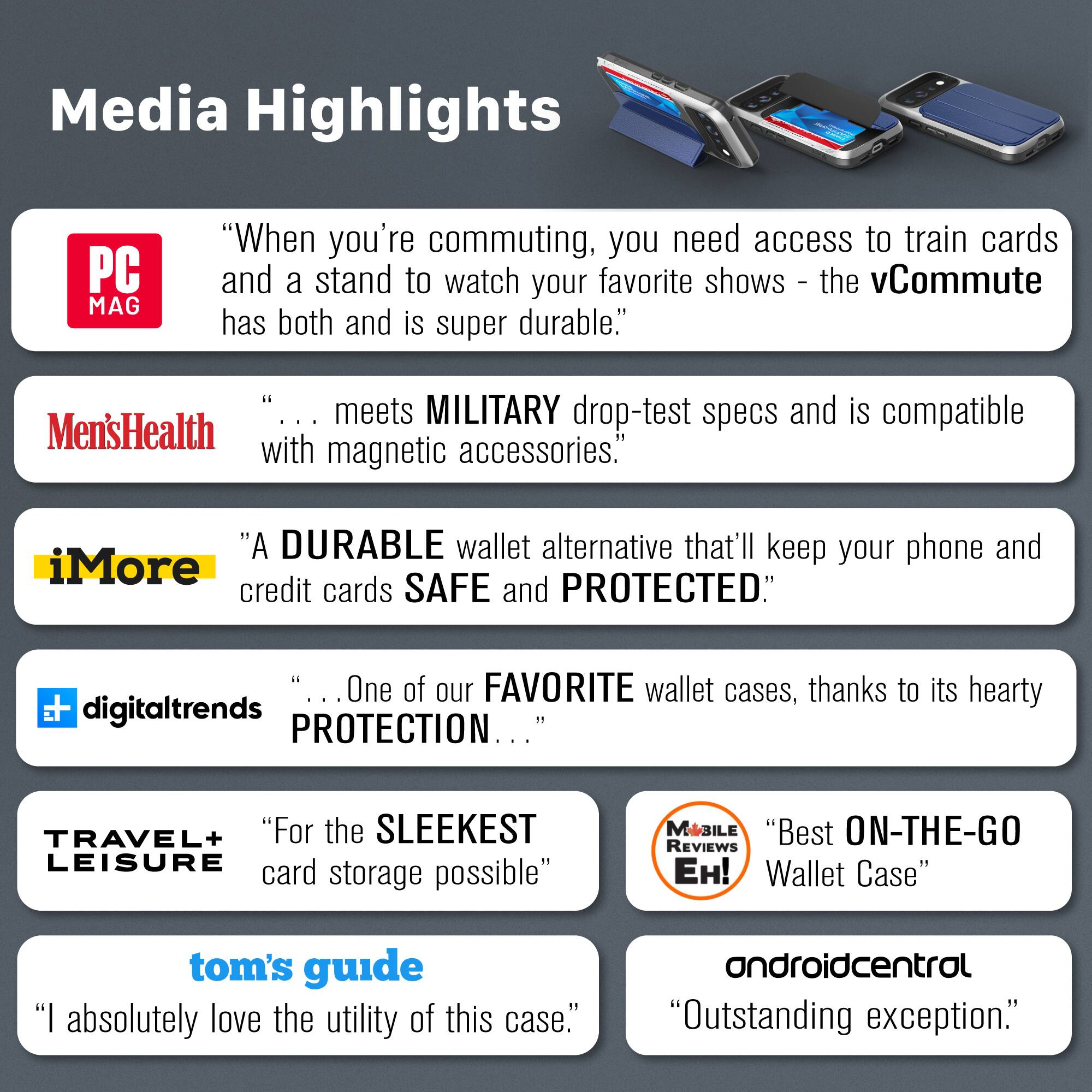Media Highlights

PC MAG
"When you're commuting, you need access to train cards and a stand to watch your favorite shows - the vCommute has both and is super durable."

Men's Health
"... meets MILITARY drop-test specs and is compatible with magnetic accessories."

iMore
"A DURABLE wallet alternative that'll keep your phone and credit cards SAFE and PROTECTED."

digitaltrends
"... One of our FAVORITE wallet cases, thanks to its hearty PROTECTION ..."

TRAVEL+ LEISURE
"For the SLEEKEST LEISURE card storage possible"

MOBILE REVIEWS EH!
"Best ON-THE-GO Wallet Case"

tom's guide
"I absolutely love the utility of this case."

androidcentral
"Outstanding exception."