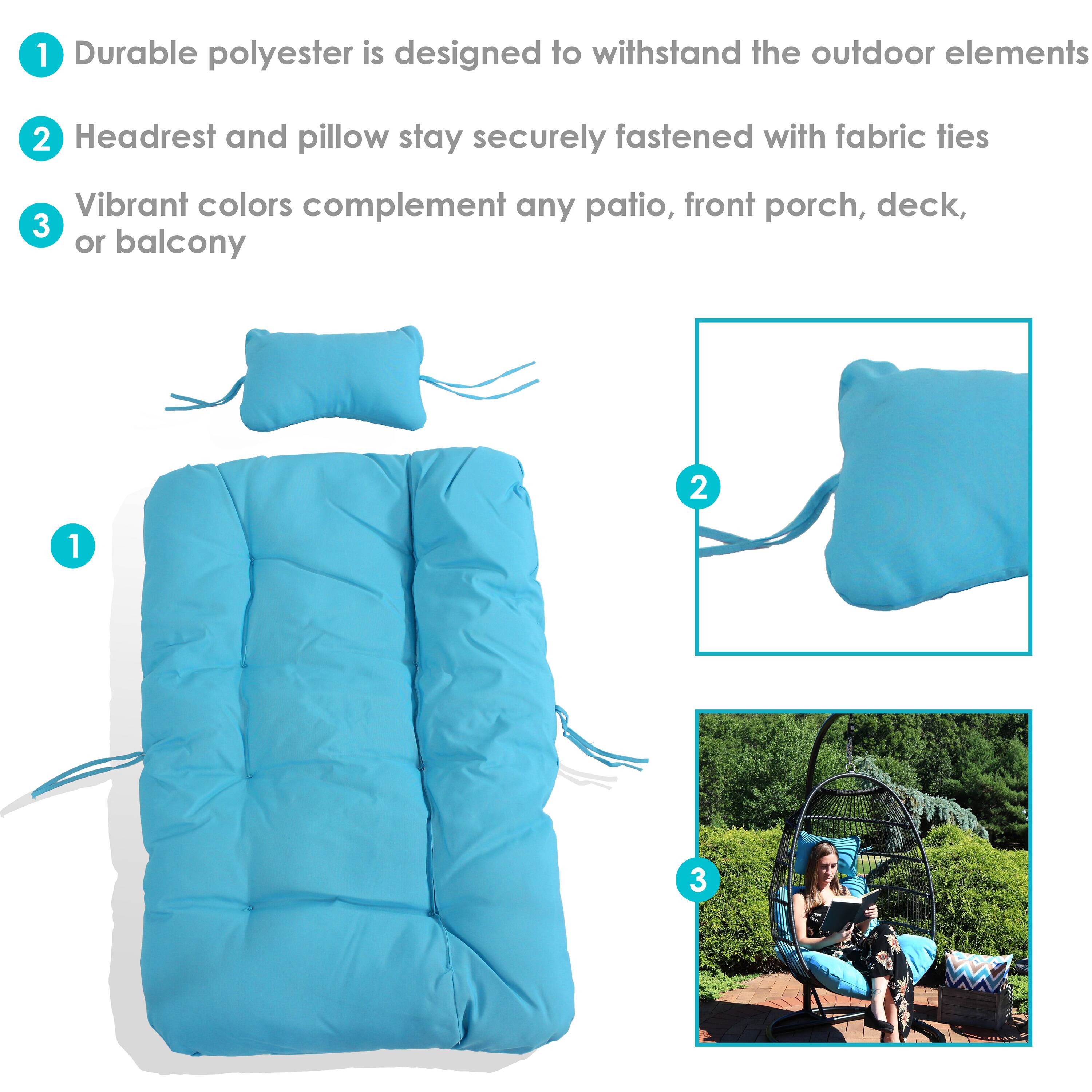 1. Durable polyester is designed to withstand the outdoor elements.
2. Headrest and pillow stay securely fastened with fabric ties.
3. Vibrant colors complement any patio, front porch, deck, or balcony.