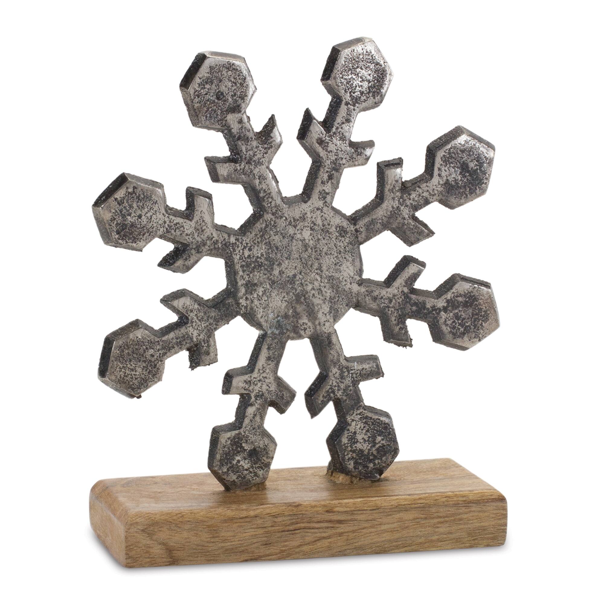 Angle. BreeBe - Metal Snowflake on Wood Base (Set of 6) - Silver, Brown.