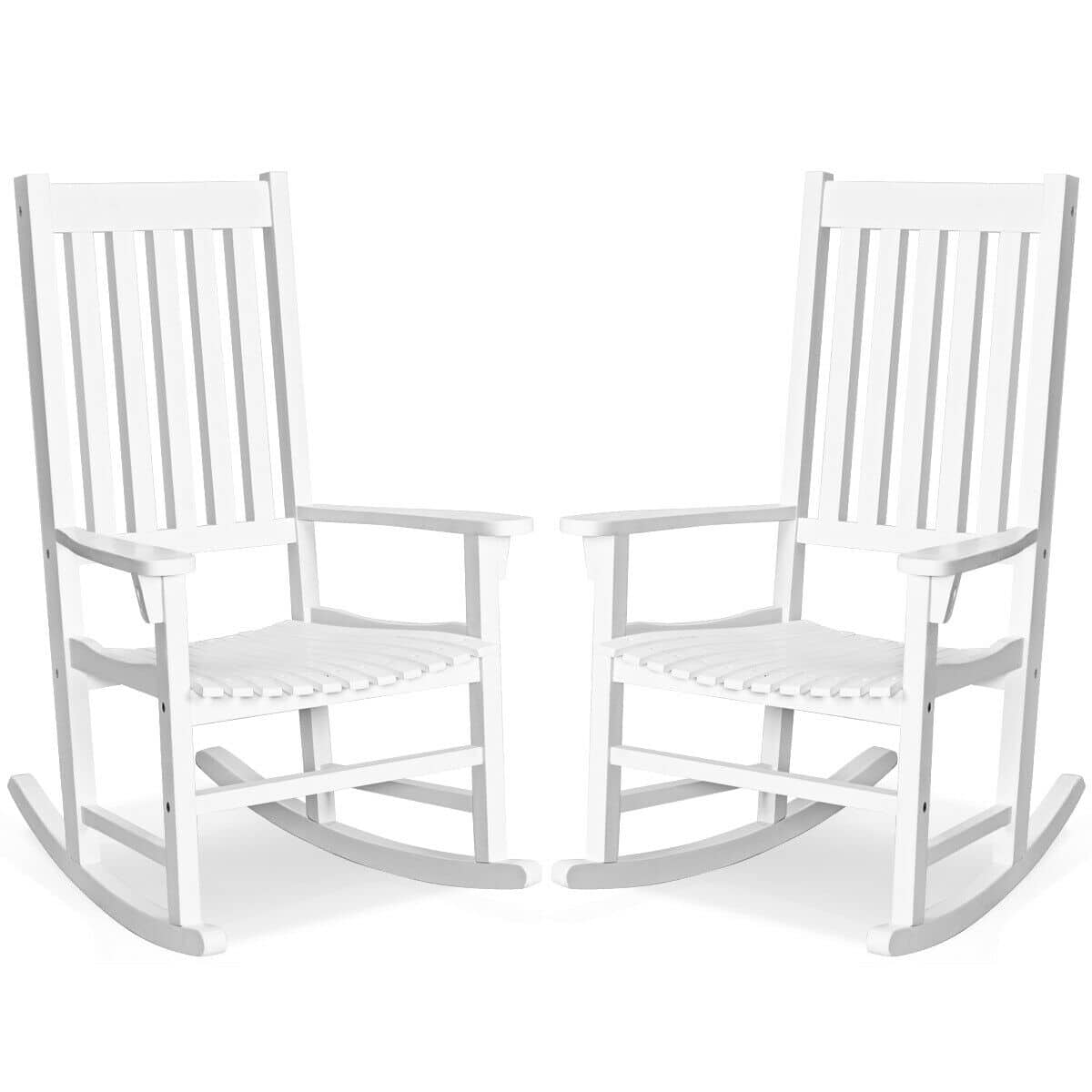 Costway - 2PCS Wood Rocking Chair Porch Rocker High Back Garden Seat Indoor Outdoor - White