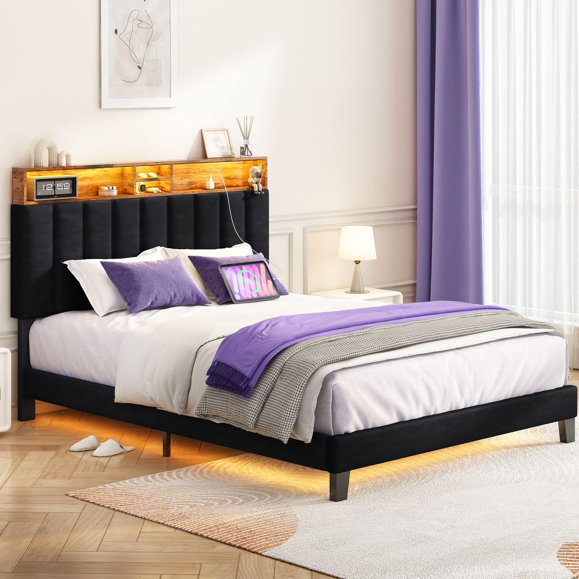 Front. Sersper - Sersper Multifunctional LED Storage Full Bed Frame with Charging Ports,Black - Black.
