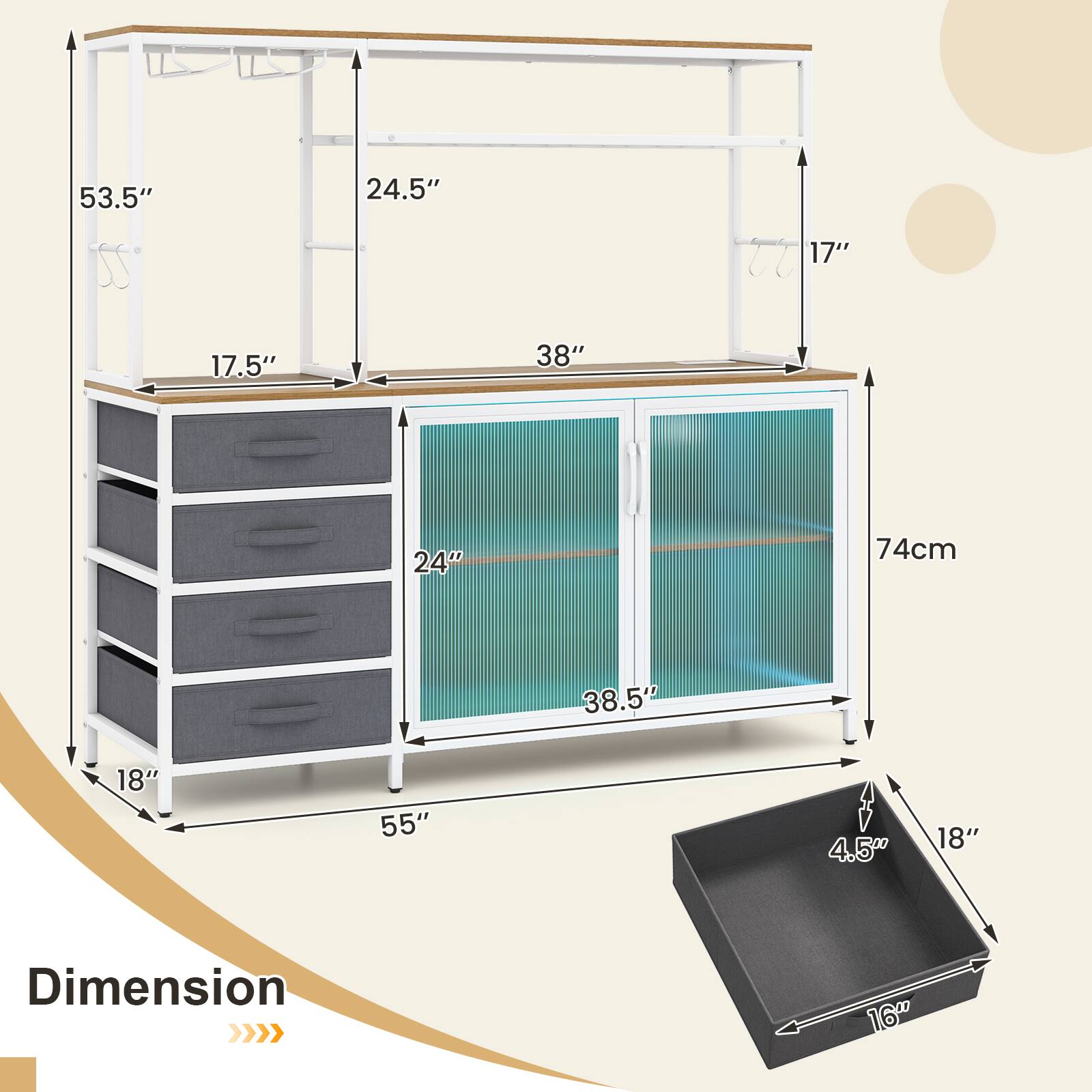 53.5"  
24.5"  
17"  
17.5"  
38"  
24"  
74cm  
38.5"  
18"  
55"  
4.5"  
18"  

Dimension  
16"