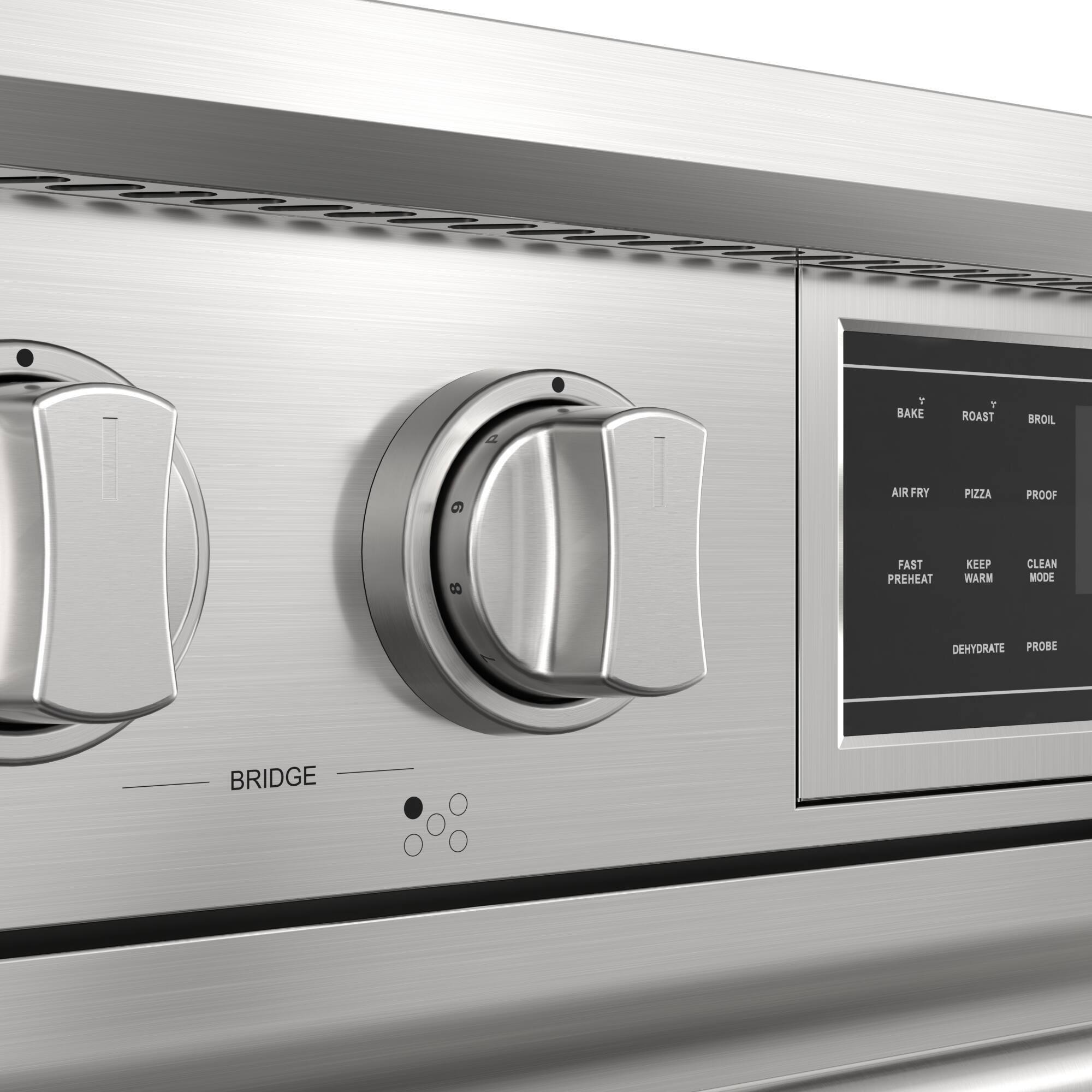 BAKE, ROAST, BROIL, AIR FRY, PIZZA, PROOF, FAST PREHEAT, KEEP WARM, CLEAN MODE, DEHYDRATE, PROBE, BRIDGE