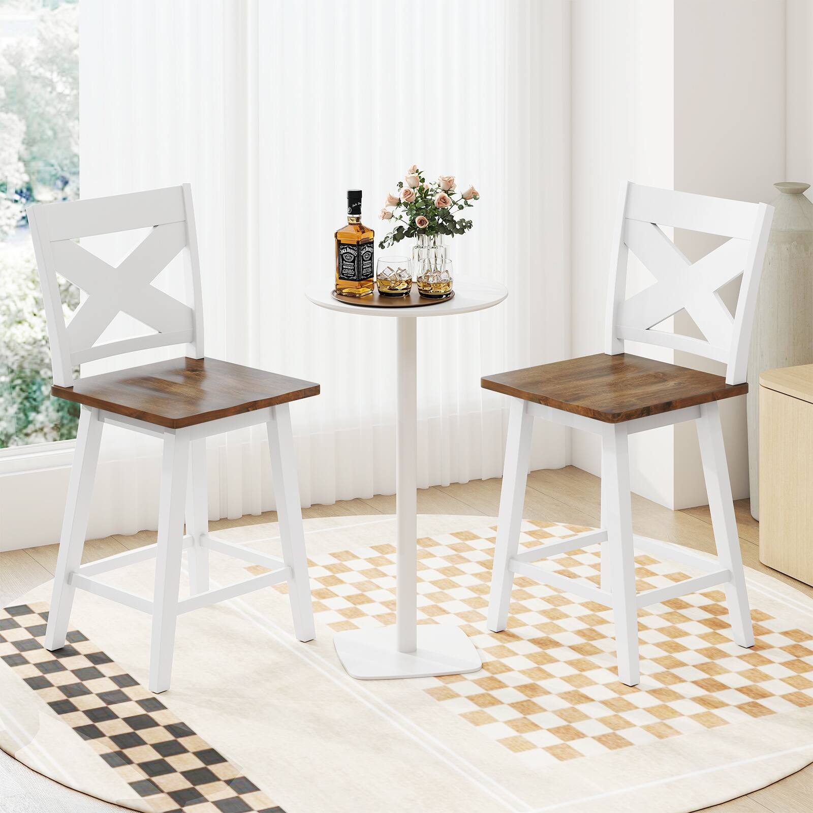 Alt View 3. Gymax - Gymax 24'' Swivel Barstools Set of 2 w/Backrest Large Seat Footrest for Kitchen Island White & Walnut - White.