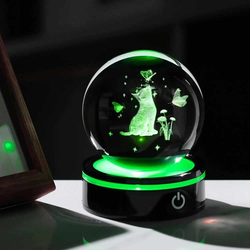 Alt View 1. Schertz - 3D Crystal Cat Figurine with LED Light Base & Laser Engraving - LED.