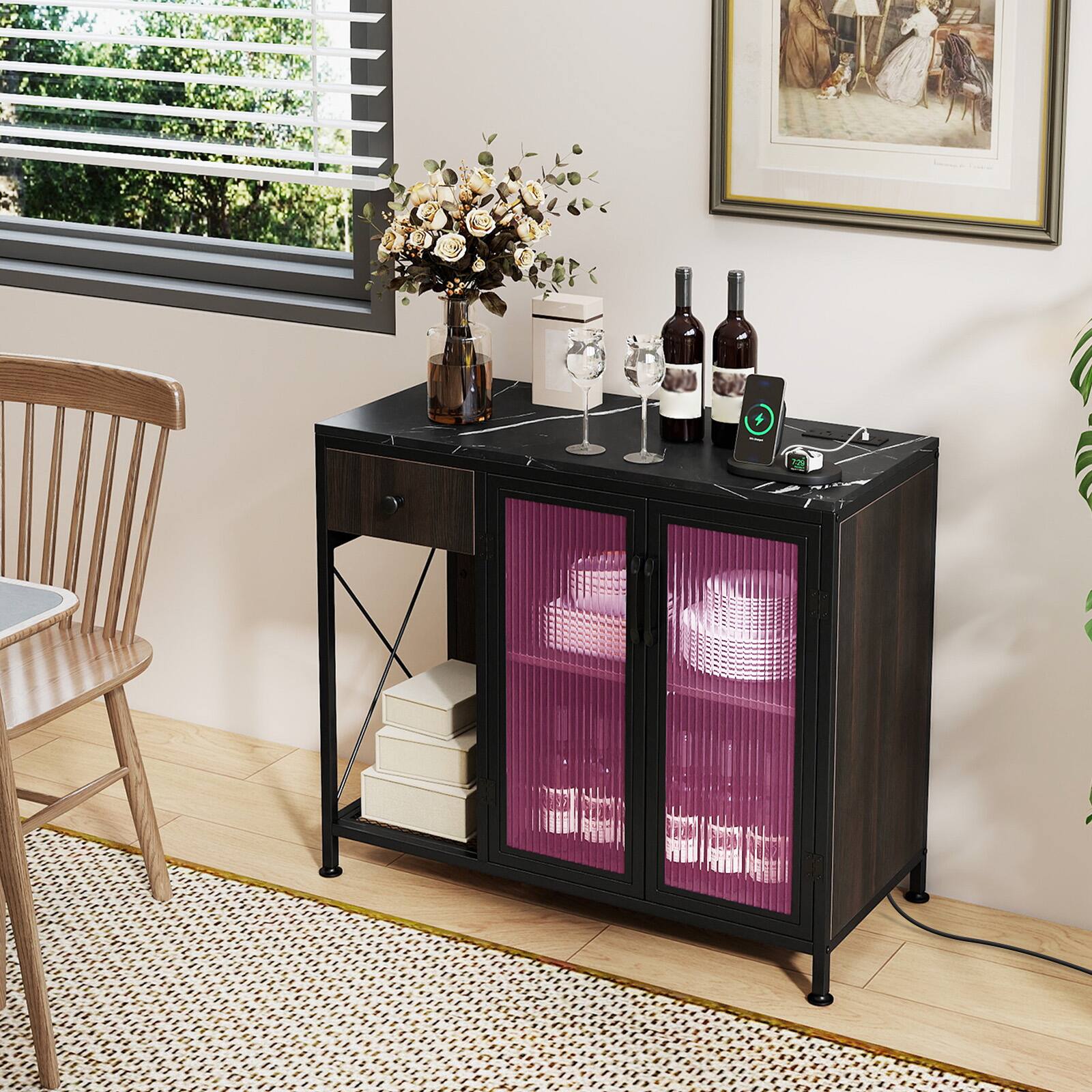 Alt View 1. Costway - Costway Buffet Sideboard Cabinet, 34" Kitchen Cabinet with Adjustable RGB LED Lights - Black.