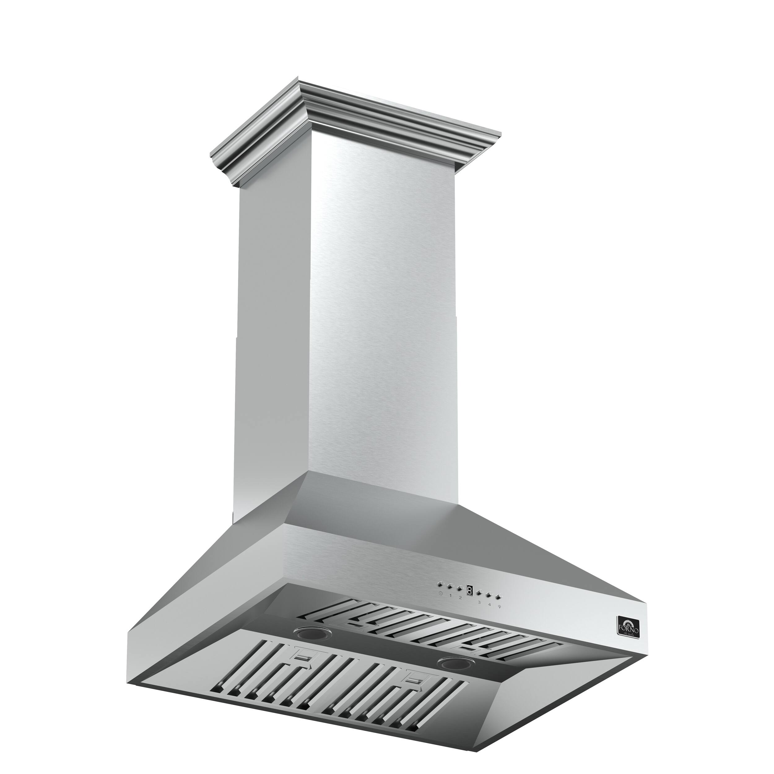 The image shows a stainless steel vent hood with a silver finish. The hood is designed to be installed above a stove, providing efficient ventilation for the cooking area. The hood features a large ventilation system with a silver grill, which helps to remove smoke and odors from the kitchen. The hood is mounted on a wall, and its sleek design adds a modern touch to the kitchen's aesthetic.