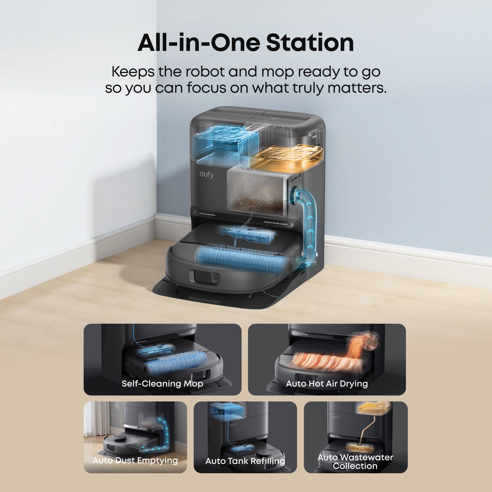 All-in-One Station  
Keeps the robot and mop ready to go so you can focus on what truly matters.

- Self-Cleaning Mop
- Auto Hot Air Drying
- Auto Dust Emptying
- Auto Tank Refilling
- Auto Wastewater Collection