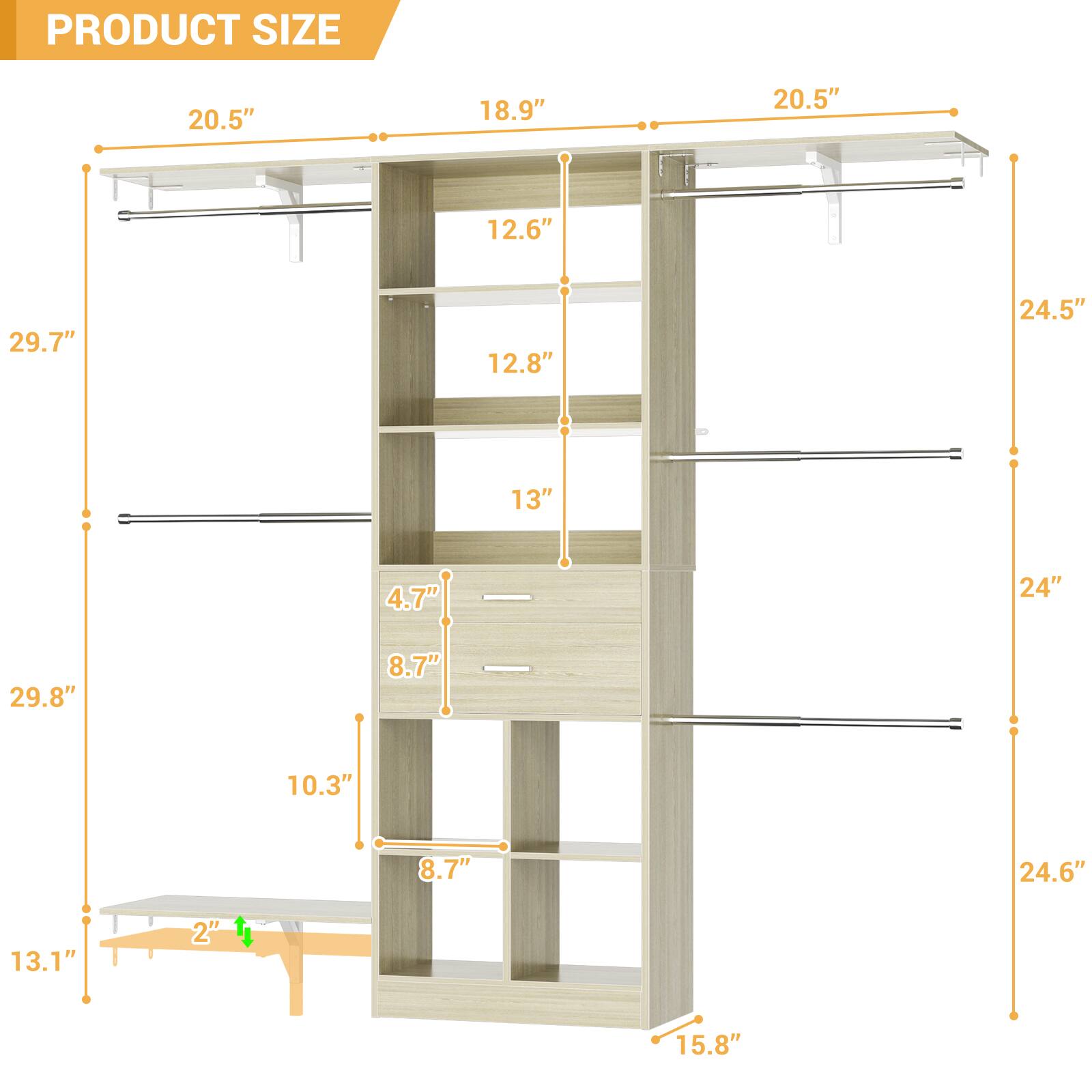 PRODUCT SIZE

- 20.5"
- 18.9"
- 20.5"
- 12.6"
- 29.7"
- 12.8"
- 24.5"
- 13"
- 4.7"
- 24"
- 29.8"
- 8.7"
- 10.3"
- 8.7"
- 24.6"
- 13.1"
- 2"
- 15.8"