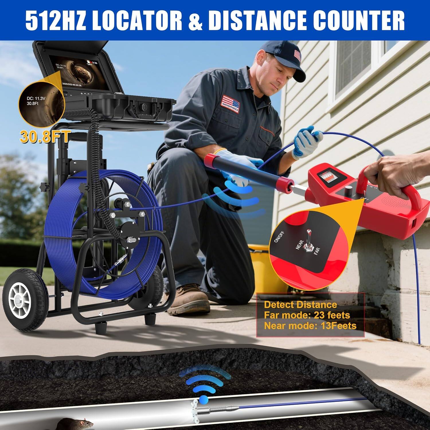 Angle. Aukfa - Sewer Camera with Locator - 10" HD Borescope, Self-Leveling, IP68, 200Ft 7MM Cable, DVR, 32GB.