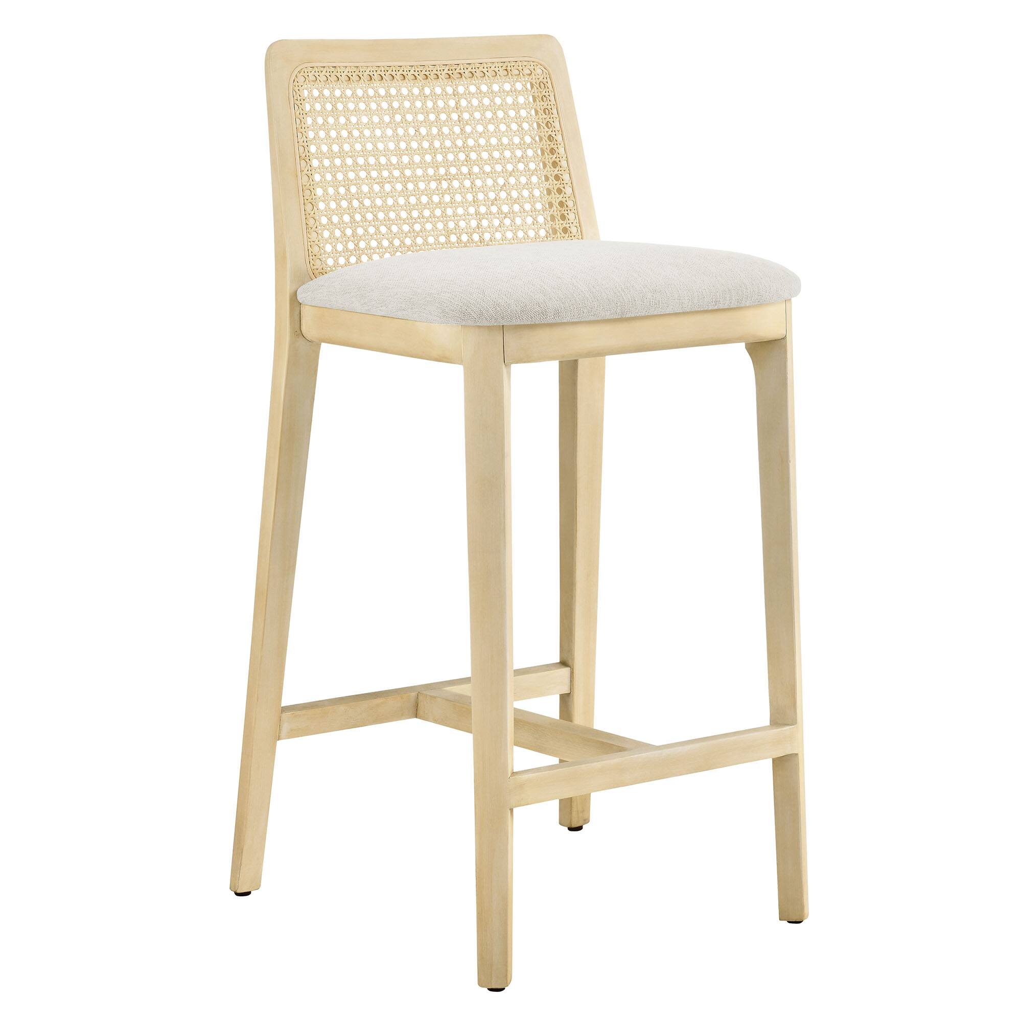 Angle. Modway - Monarch Wood and Rattan Counter Stool by Modway - Antique White Natural Heathered Weave Ivory.