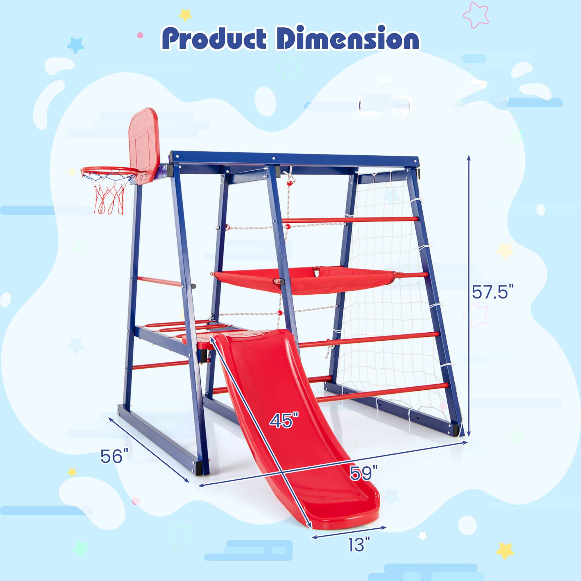 Product Dimension

- 57.5"
- 56"
- 59"
- 45"
- 13"
