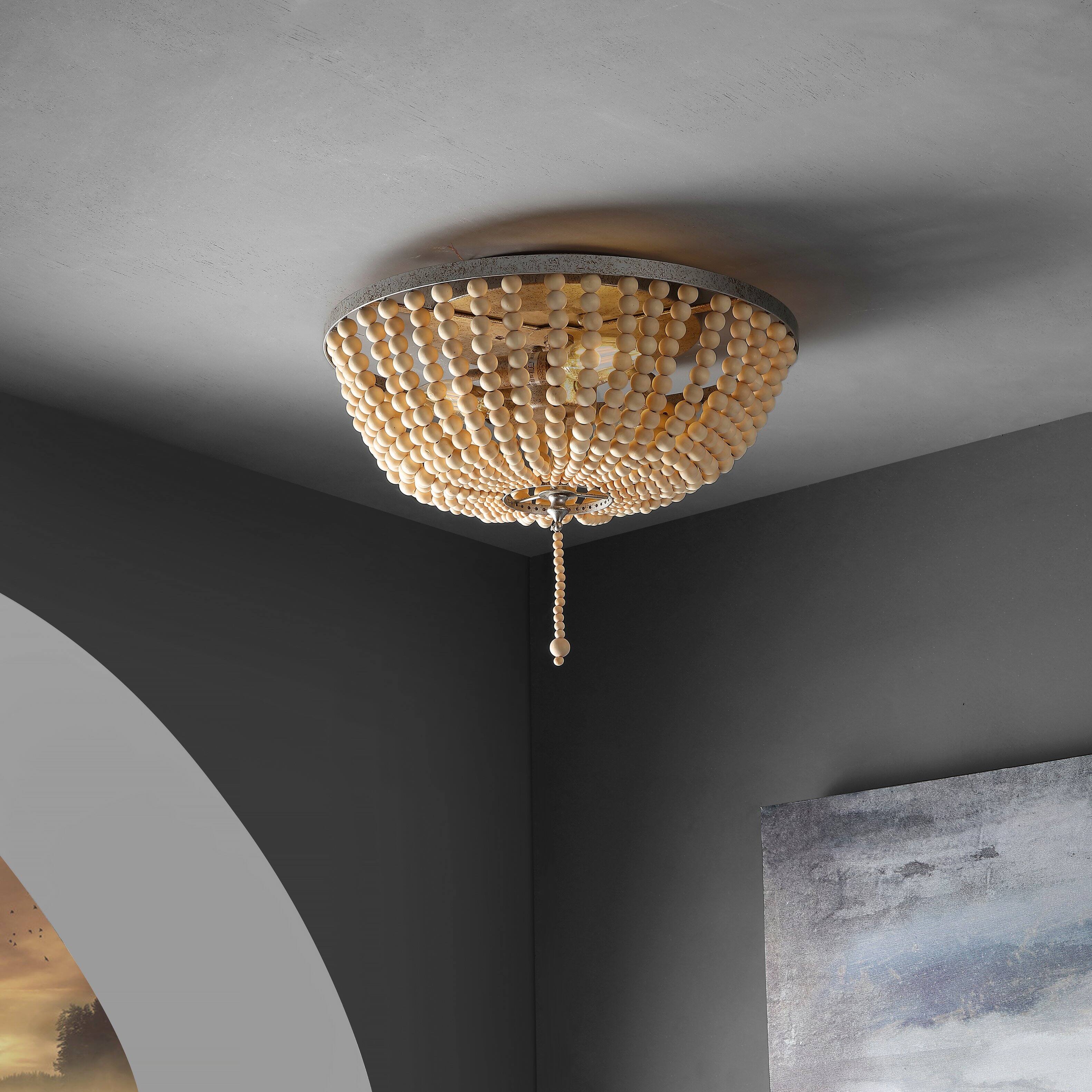 Alt View 1. Jonathan Y - Allison 15" 3-Light Shabby Chic Farmhouse Wood Beaded/Metal LED Flush Mount, Antique Silver/Cream - Antique Silver/Cream.