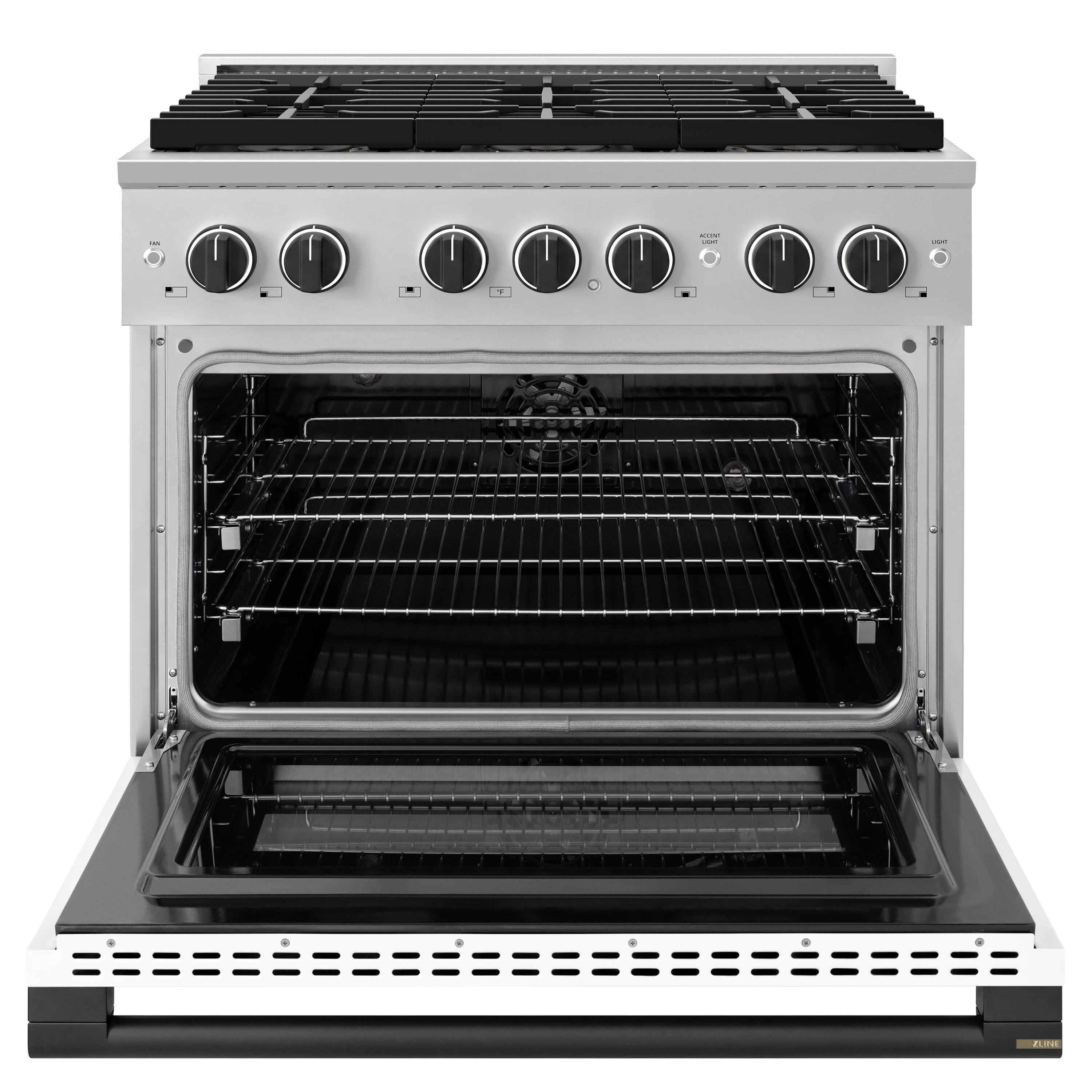 Angle. ZLINE - Autograph 36 in. 5.2 cu. ft. Marino Freestanding Dual Fuel Range w/ 6 DuoPro Burners & White Door w/ Black Accents - White Matte.