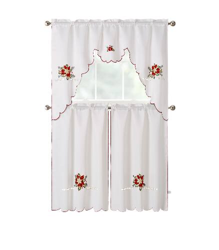 Angle. Kate Aurora - Kate Aurora Holiday Collection Rod Pocket Embroidered Poinsettia Christmas 3 Pc Cafe Kitchen Curtain Tier & Valance Set - White.
