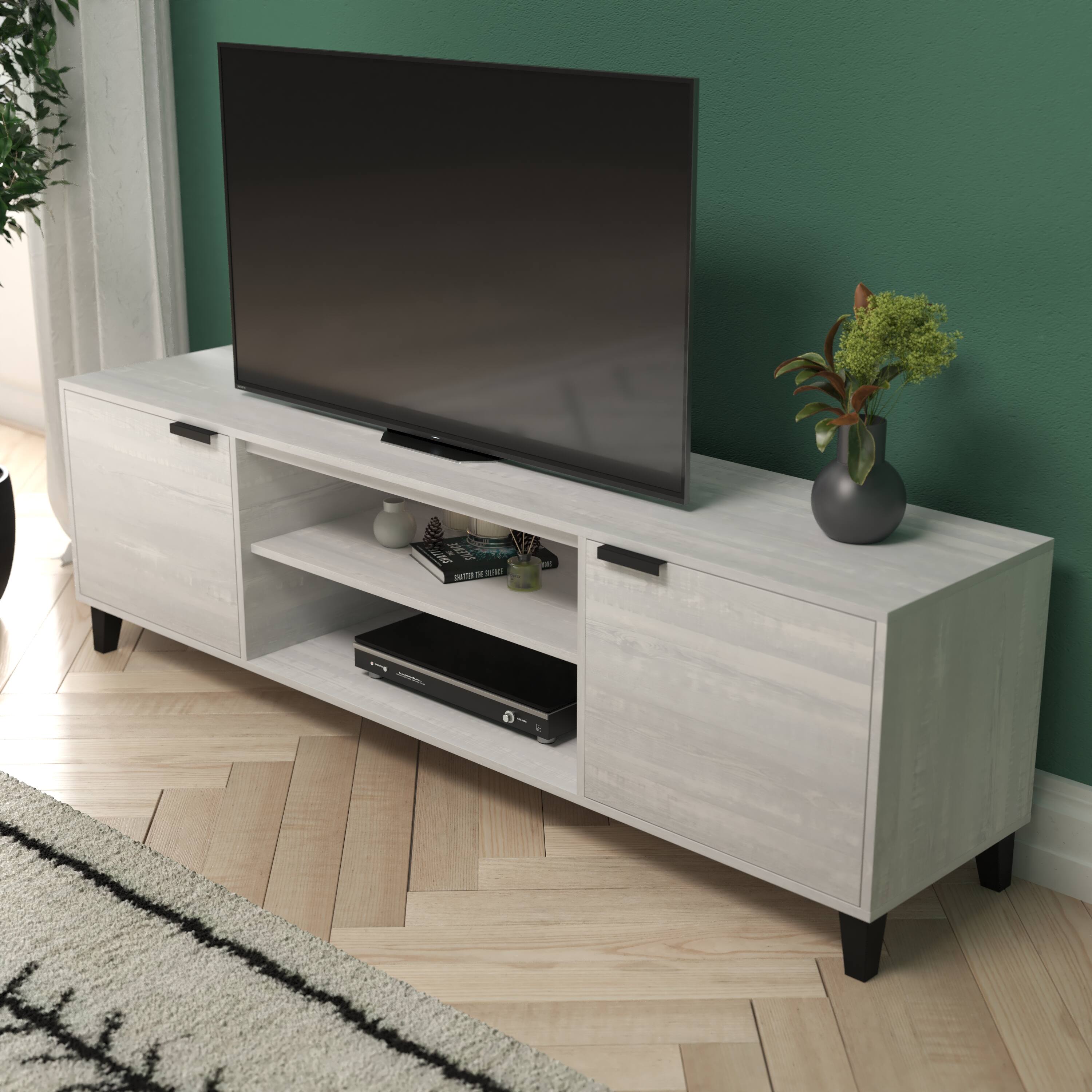Alt View 3. Emma + Oliver - Azi Mid-Century Modern TV Stand with Doors and Adjustable Shelves - Gray.