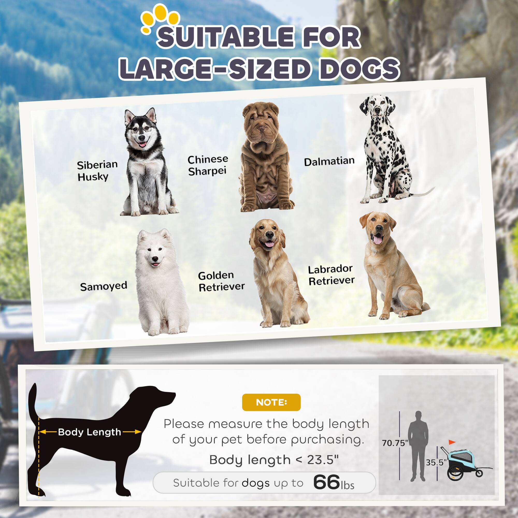 SUITABLE FOR LARGE-SIZED DOGS

- Siberian Husky
- Chinese Sharpei
- Dalmatian
- Samoyed
- Golden Retriever
- Labrador Retriever

NOTE: Please measure the body length of your pet before purchasing.

Body length < 23.5" Suitable for dogs up to 66lbs