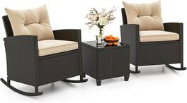 Gymax - Set of 3 Patio Wicker Rocking Set w/ Tempered Glass Table & Soft Cushions Outdoor - Black