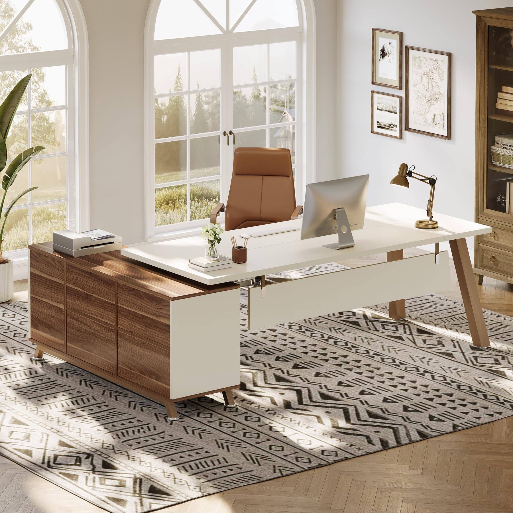 Alt View 3. Tribesigns - 78.7" L-Shaped Executive Desk, Modern Office Desk with File Drawers & Storage Shelves, Large Computer Desk with 55-Inch - Beige & Walnut.