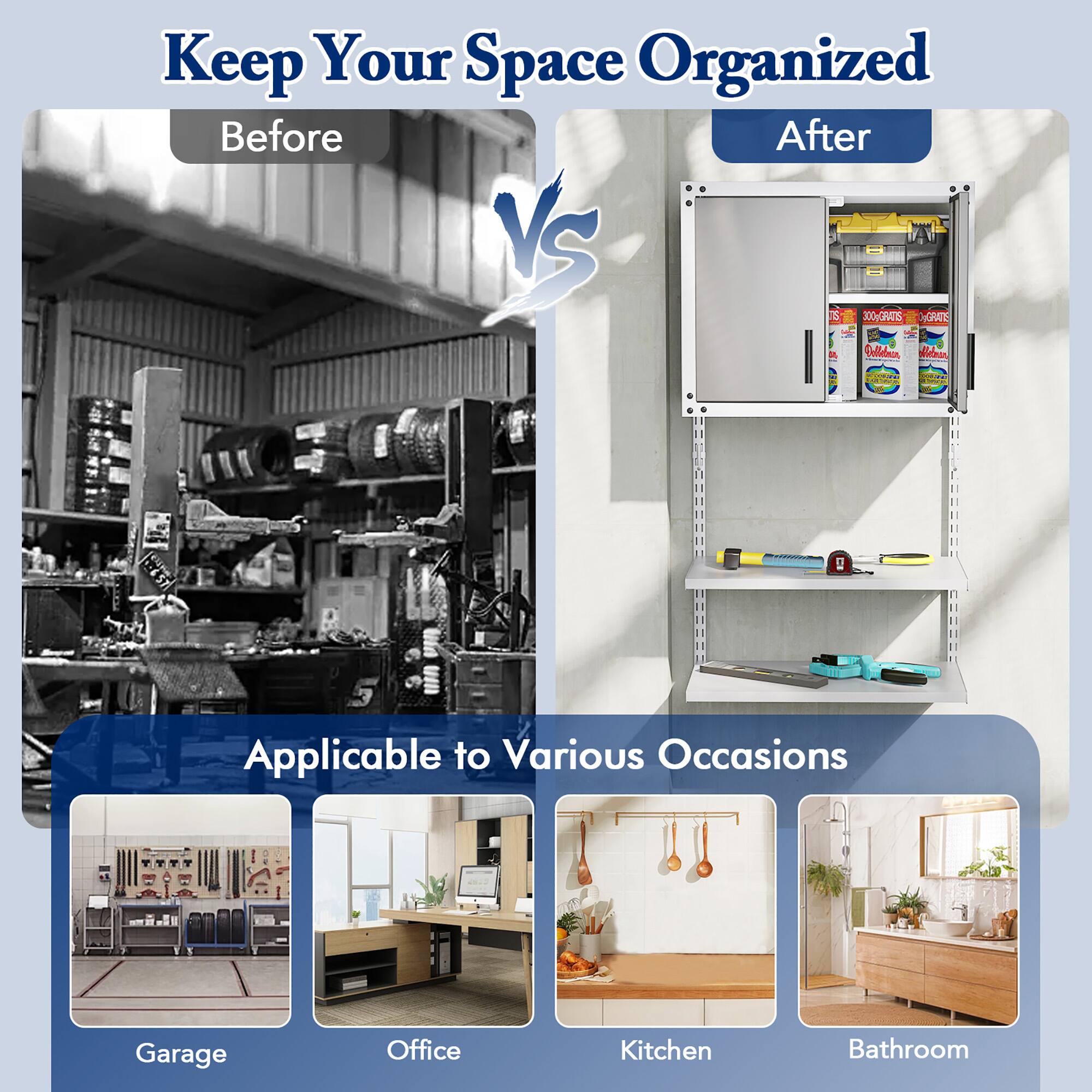 Keep Your Space Organized

Before VS After

Applicable to Various Occasions

Garage
Office
Kitchen
Bathroom