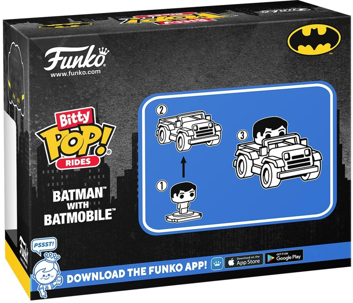 TO HE Funk www.funko.com T 2 Bitty POP! RIDES 1 BATMAN WITH BATMOBILE PSSST! 1 arr FUNKO APP! DOWNLOAD THE 3 en the Download App Store GETIT 1 ONN Google Play