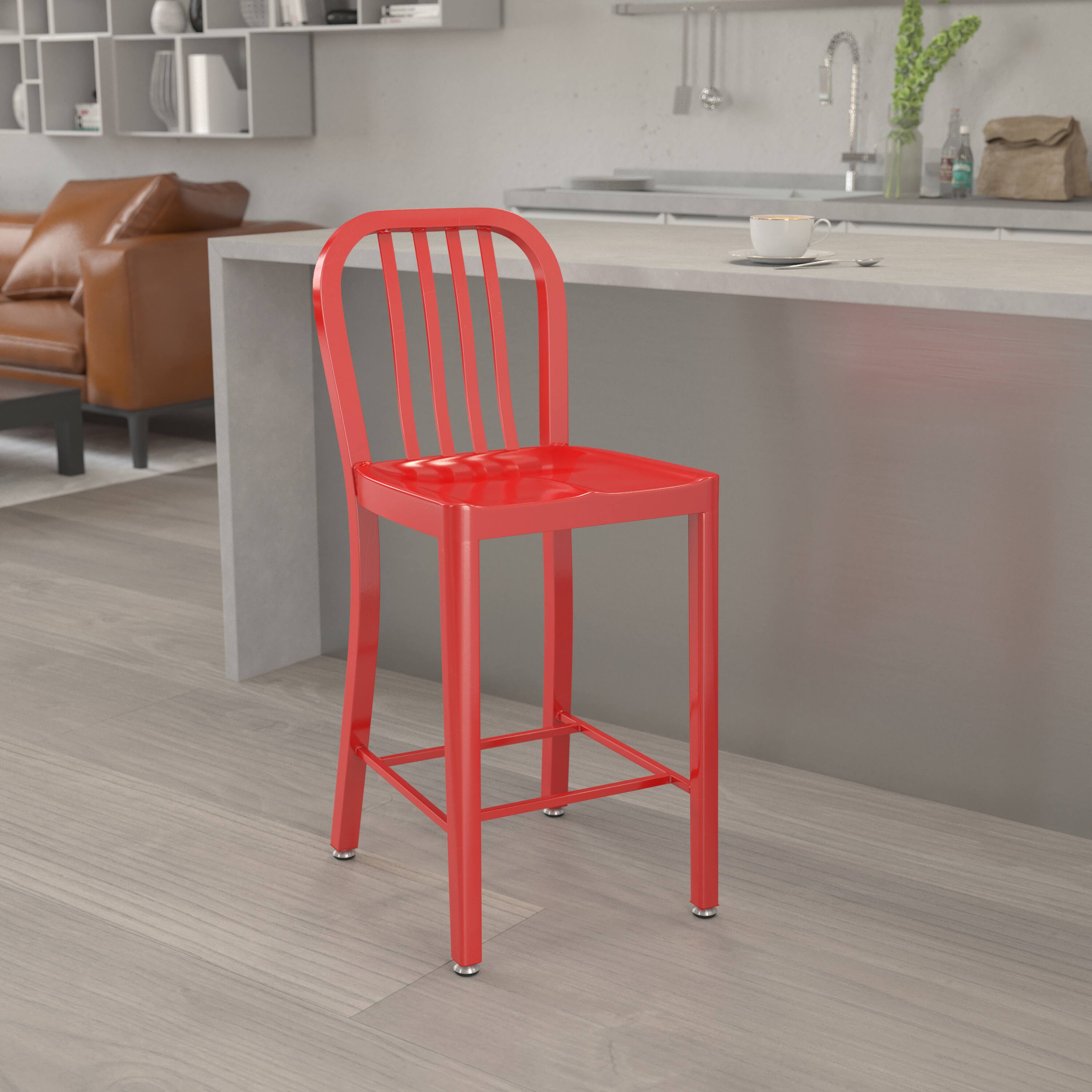 Alt View 1. Emma + Oliver - Commercial Grade 24"H Colorful Metal Indoor-Outdoor Vertical Slat Counter Stool - Red.
